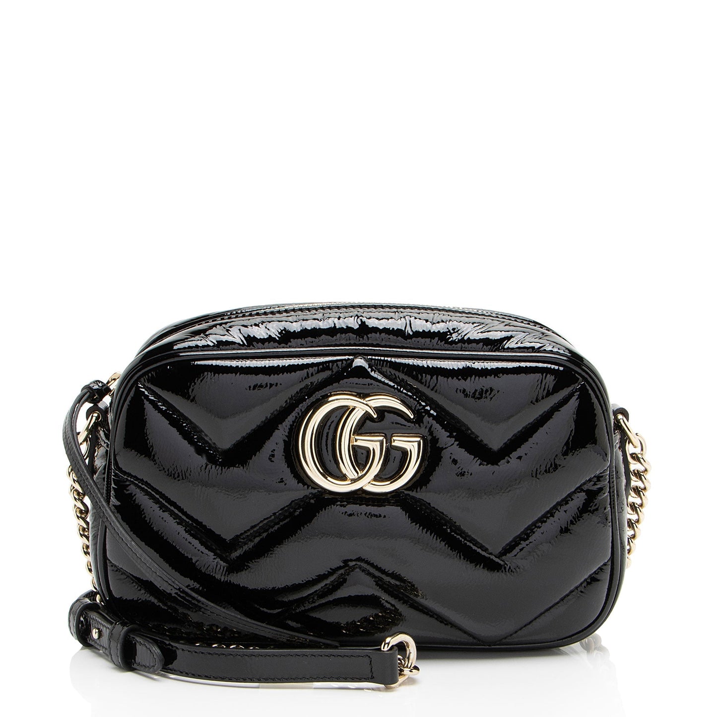 Gucci Padded GG Marmont Camera Matelasse Leather Patent Black Crossbody Bag