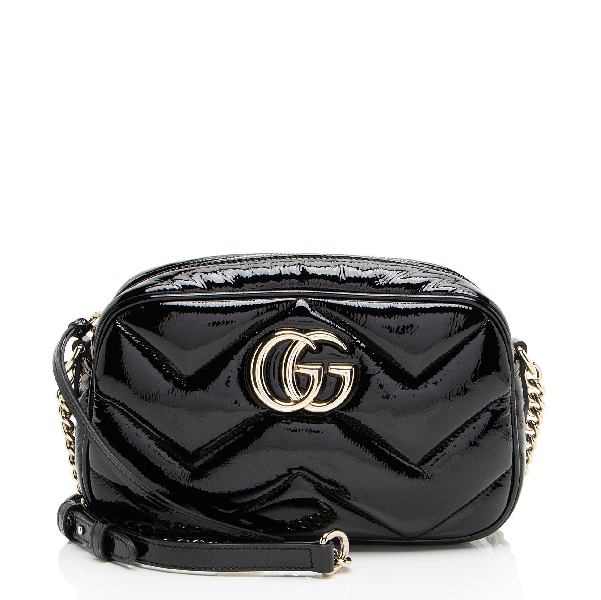 Gucci Padded GG Marmont Camera Matelasse Leather Patent Black Crossbody Bag