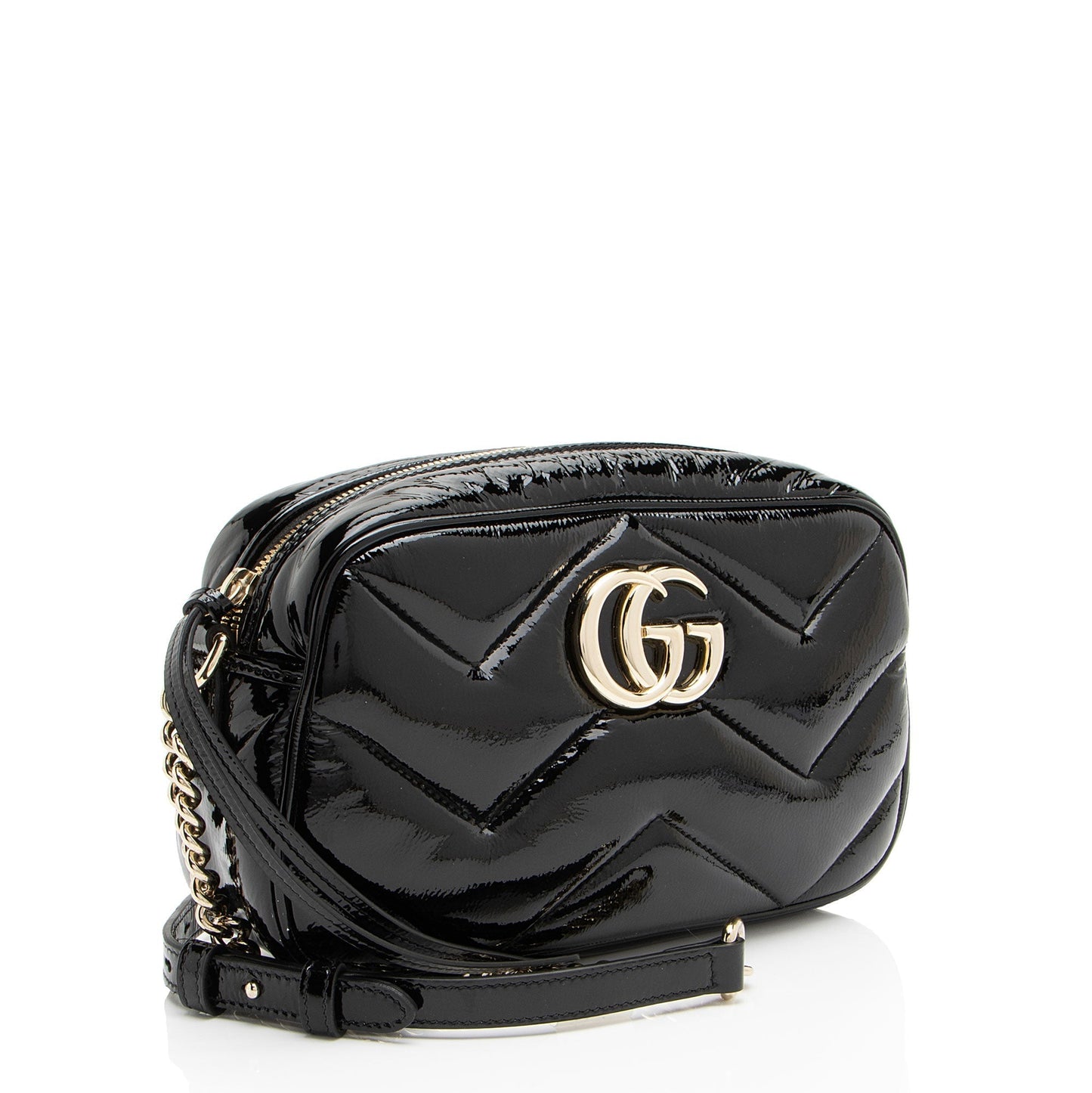 Gucci Padded GG Marmont Camera Matelasse Leather Patent Black Crossbody Bag