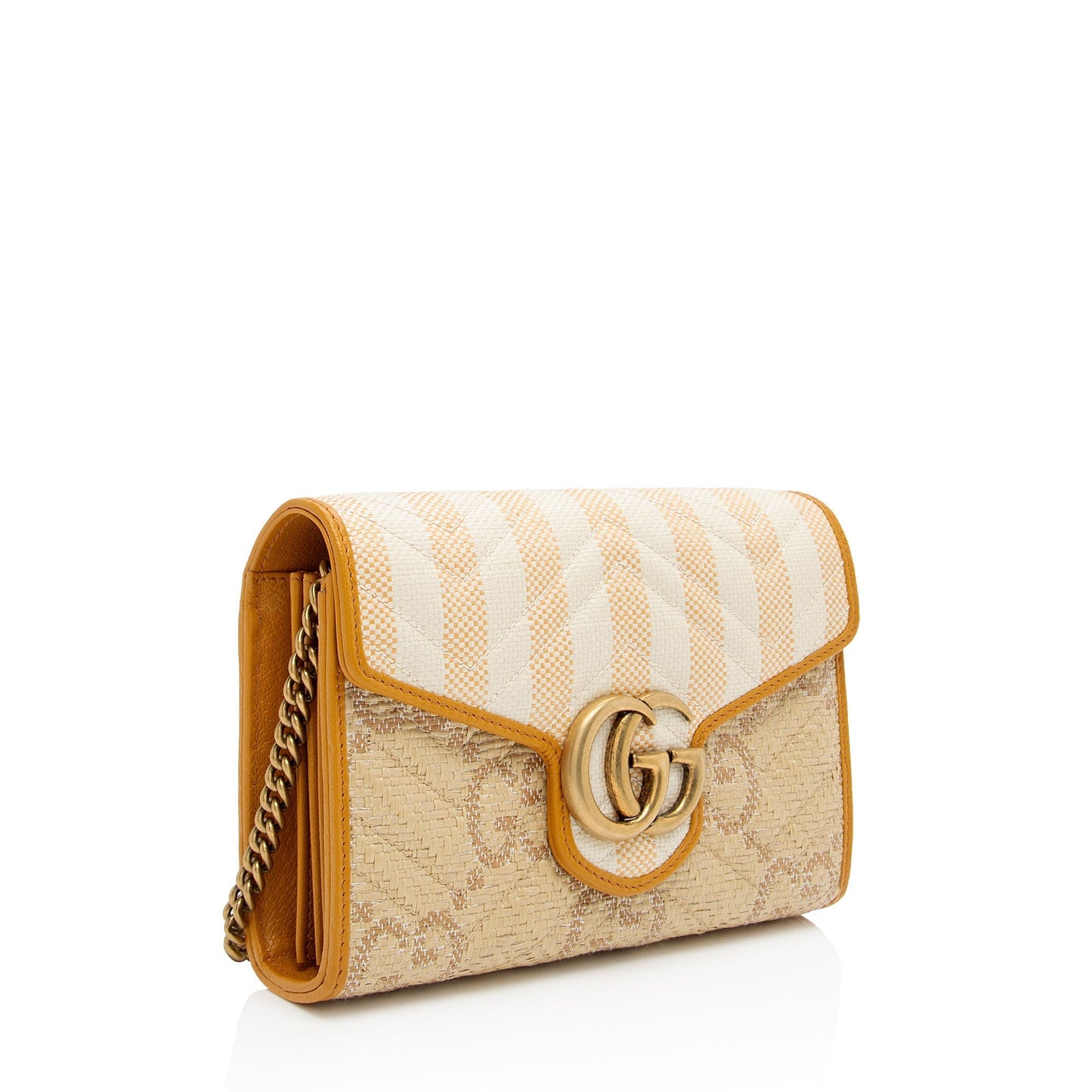 Gucci GG Marmont Wallet on Chain Matelasse Leather Raffia Beige Crossbody Bag
