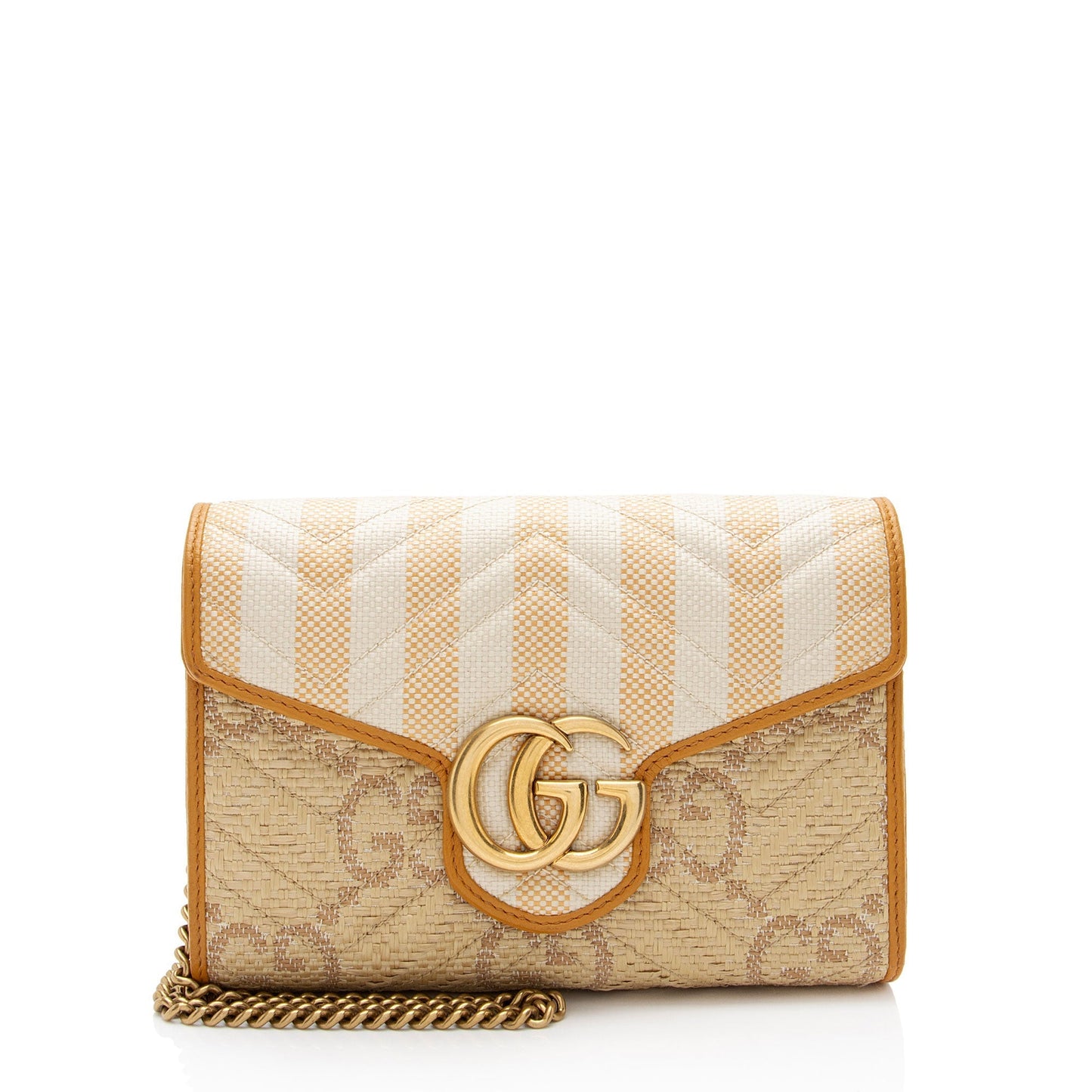 Gucci GG Marmont Wallet on Chain Matelasse Leather Raffia Brown Crossbody Bag Shf Wvhz6A