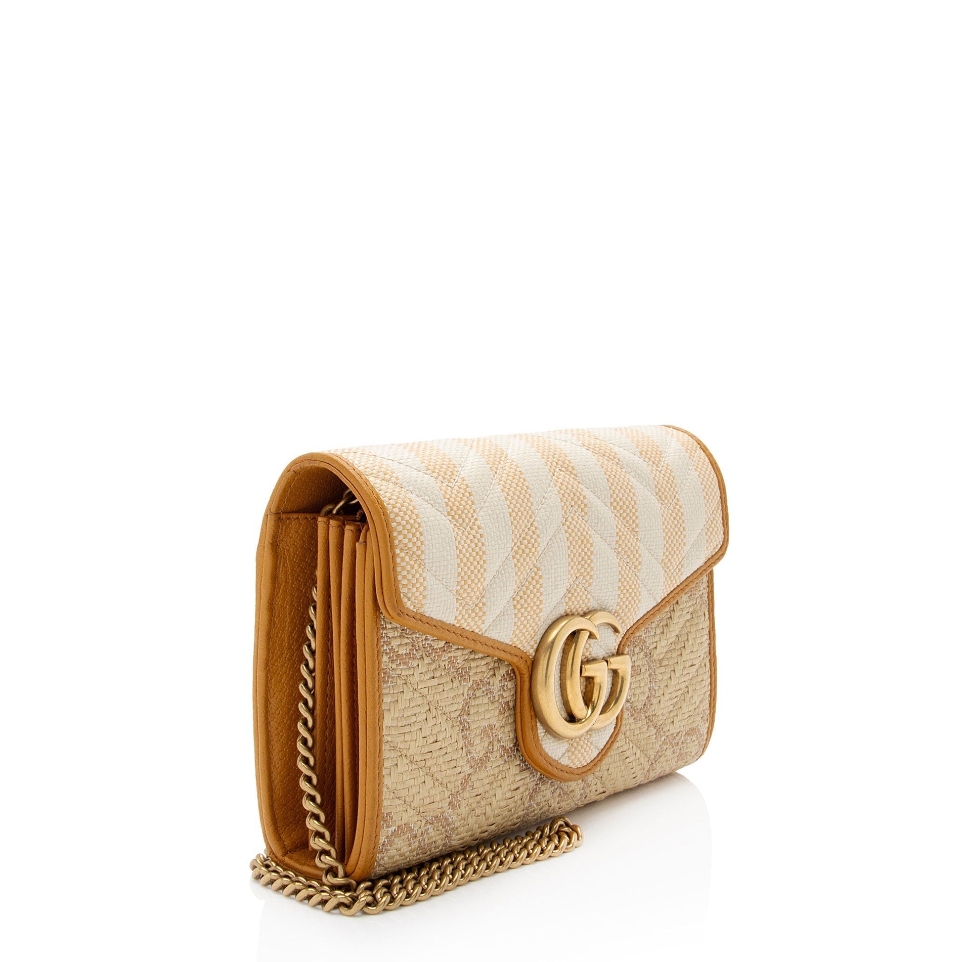 Gucci GG Marmont Wallet on Chain Matelasse Leather Raffia Brown Crossbody Bag Shf Wvhz6A