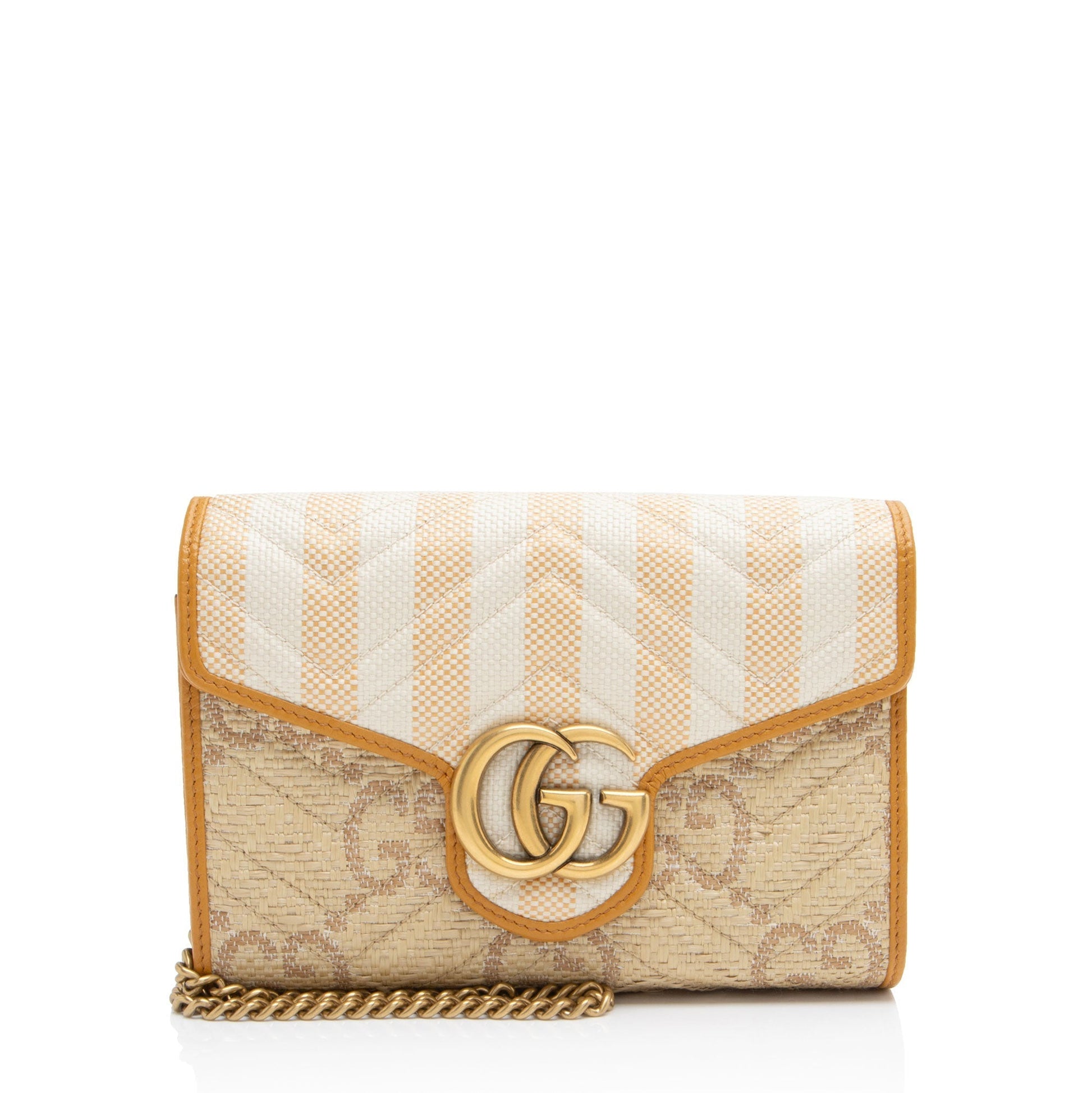 Gucci GG Marmont Wallet on Chain Matelasse Leather Raffia Brown Crossbody Bag