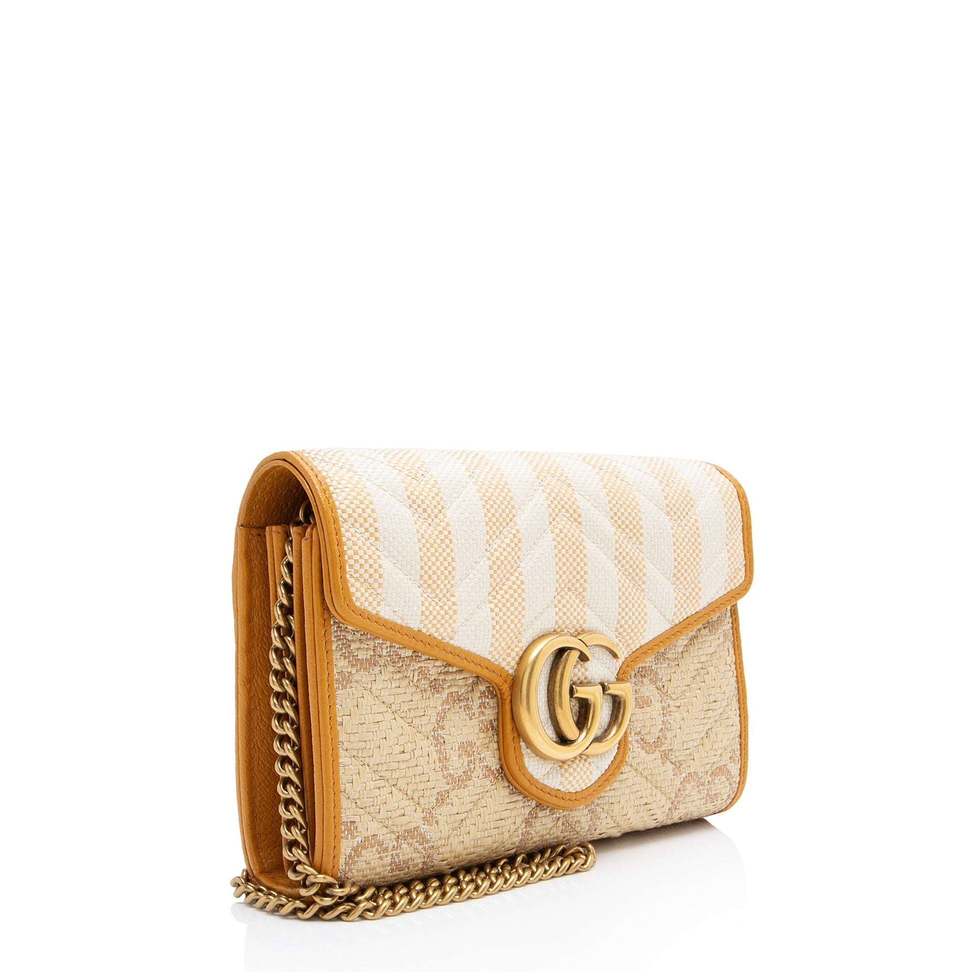Gucci GG Marmont Wallet on Chain Matelasse Leather Raffia Brown Crossbody Bag