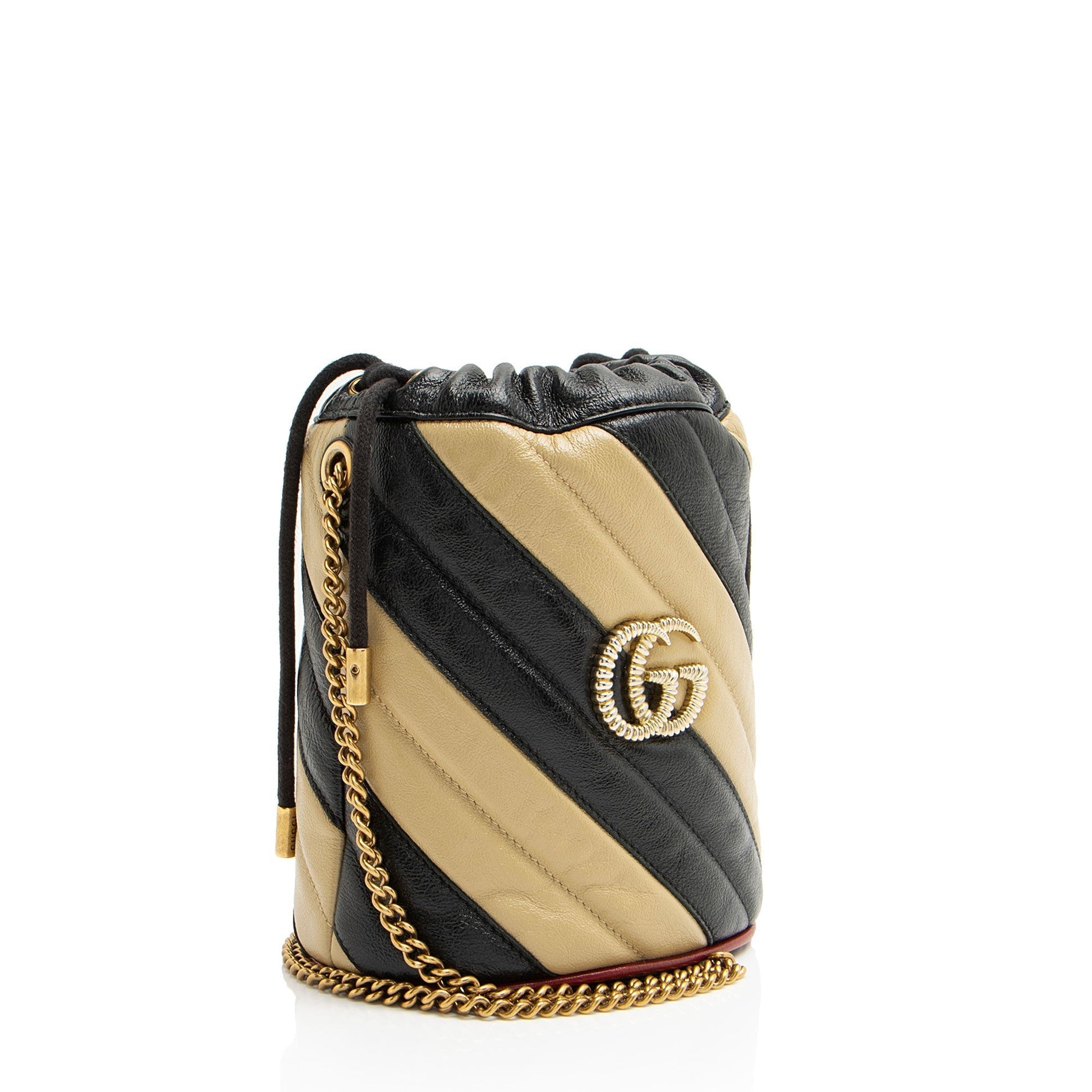 Gucci Striped GG Marmont 2.0 Bucket Matelasse Leather Black Brown Crossbody Bag