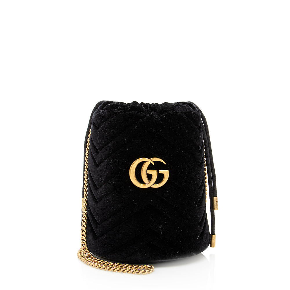 Gucci Velvet GG Marmont SHF Matelasse Black Mini Bucket Crossbody Bag