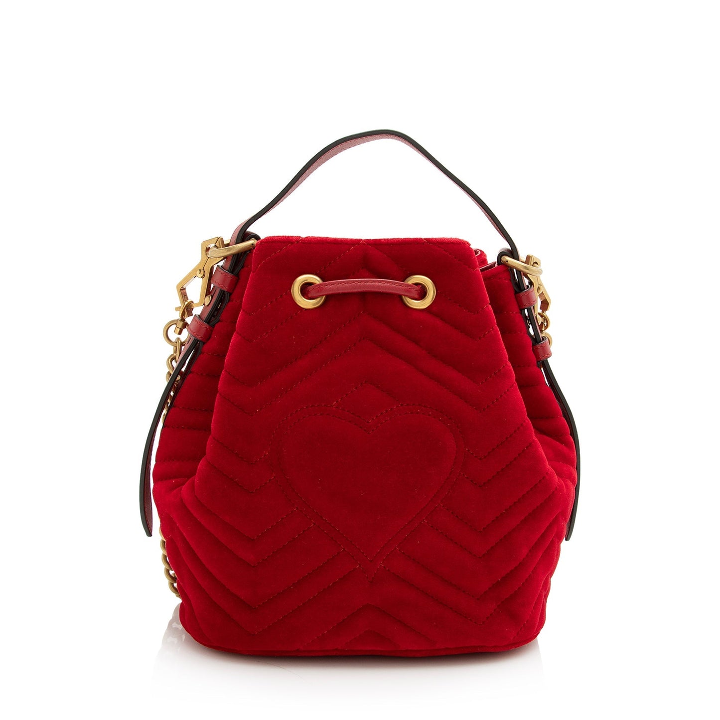 Gucci Velvet GG Marmont SHF Matelasse Leather Red Bucket Crossbody Bag
