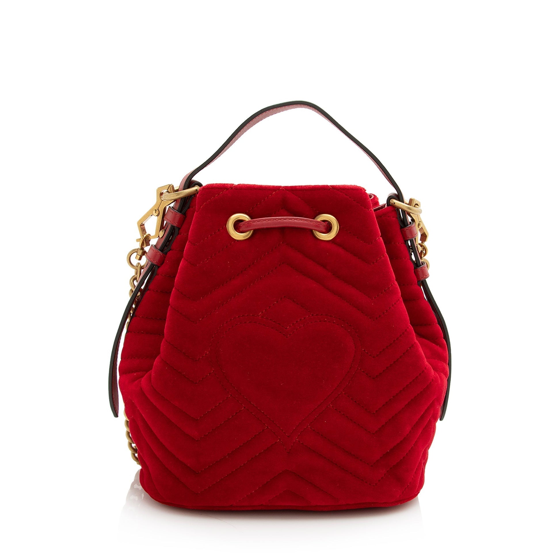 Gucci Velvet GG Marmont SHF Matelasse Leather Red Bucket Crossbody Bag
