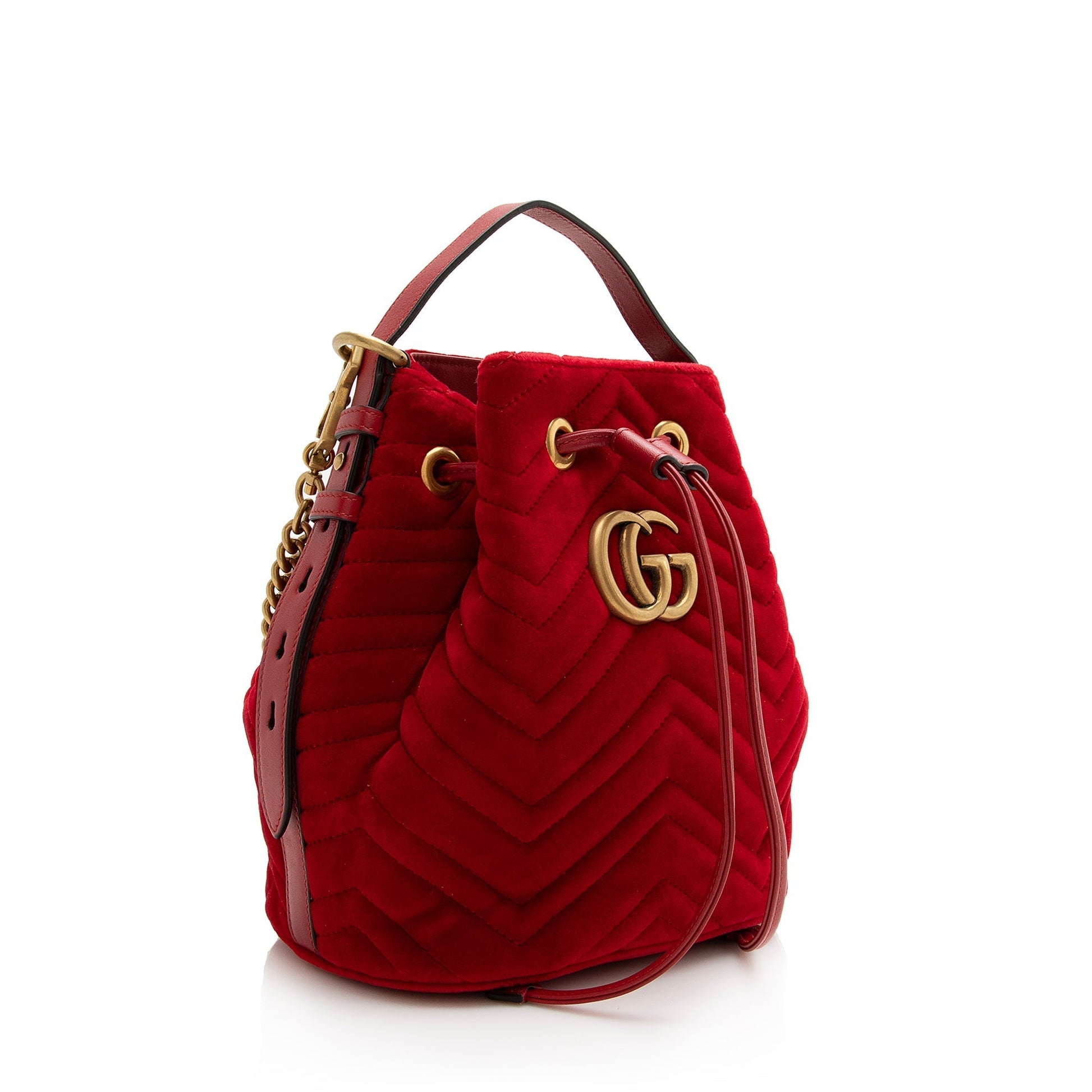 Gucci Velvet GG Marmont SHF Matelasse Leather Red Bucket Crossbody Bag