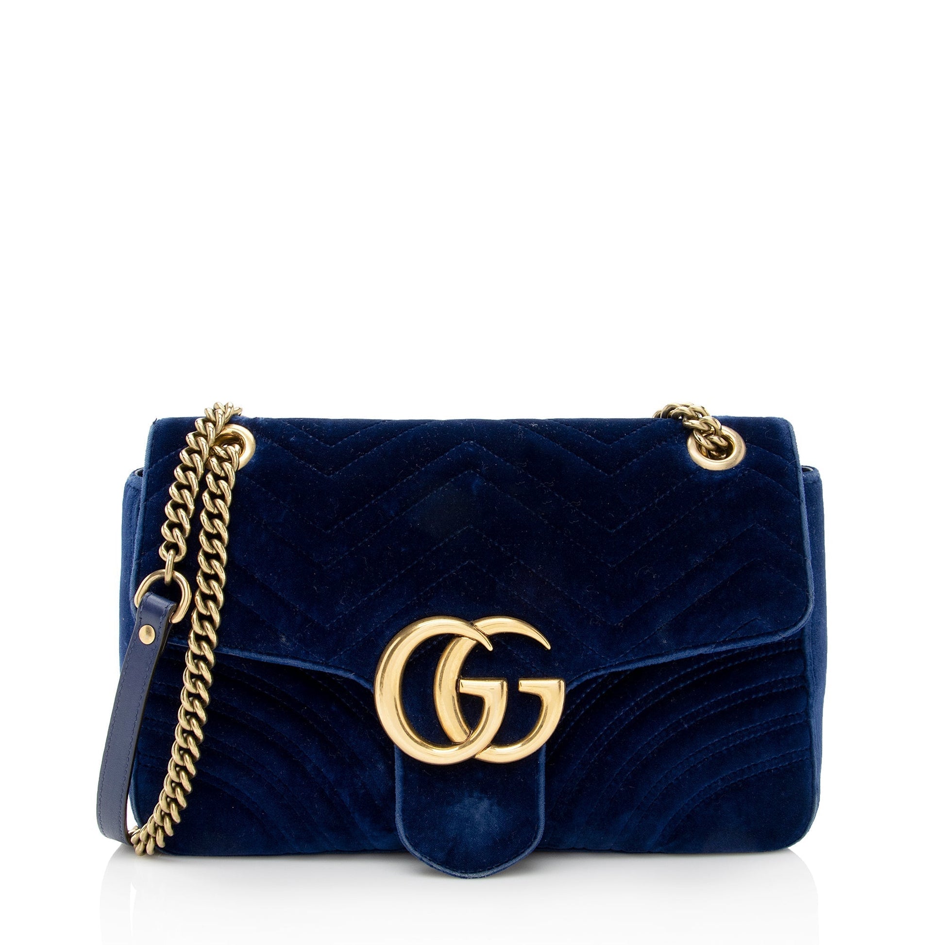 Gucci Velvet GG Marmont SHF Matelasse Leather Blue Medium Crossbody Bag