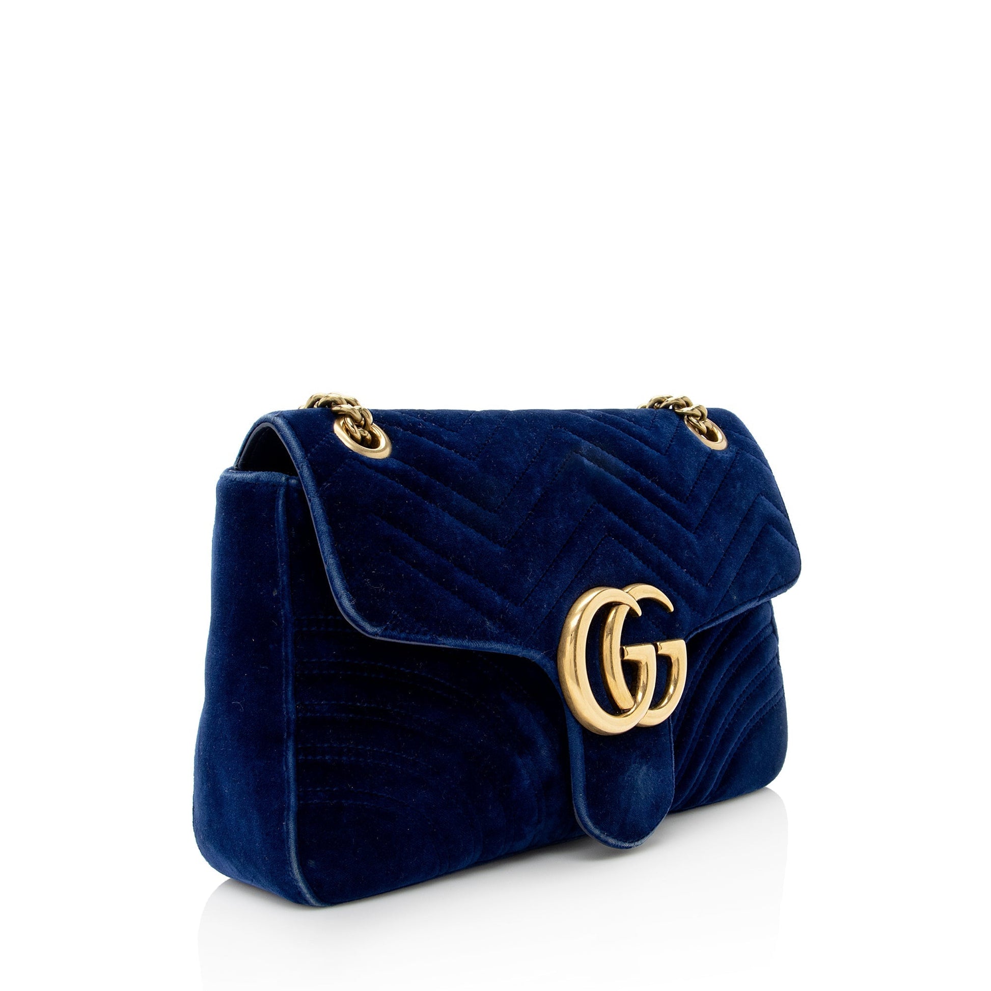 Gucci Velvet GG Marmont SHF Matelasse Leather Blue Medium Crossbody Bag