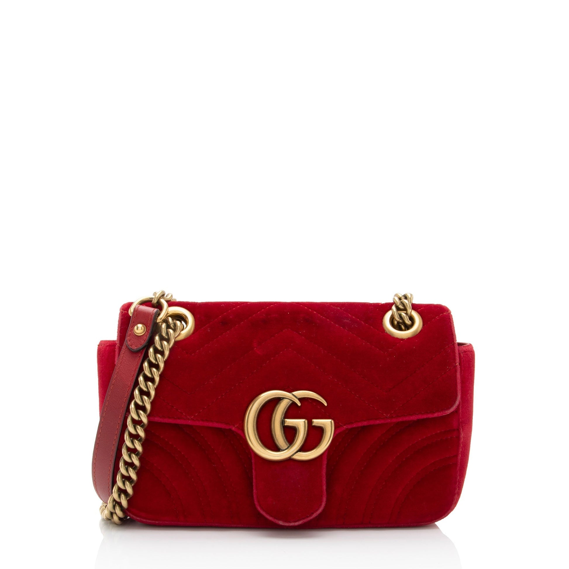 Gucci Velvet GG Marmont Flap SHF-RvBmGH Matelasse Leather Red Mini Crossbody Bag