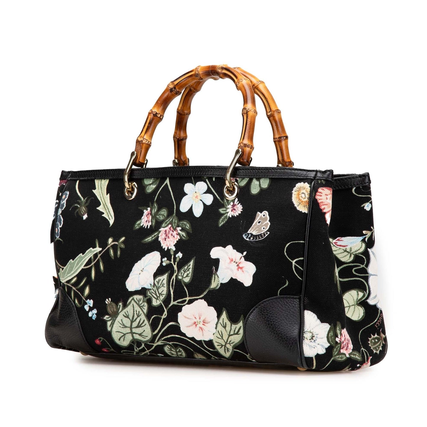 Gucci Bamboo Shopper Flora Knight Canvas Black Medium Satchel Bag