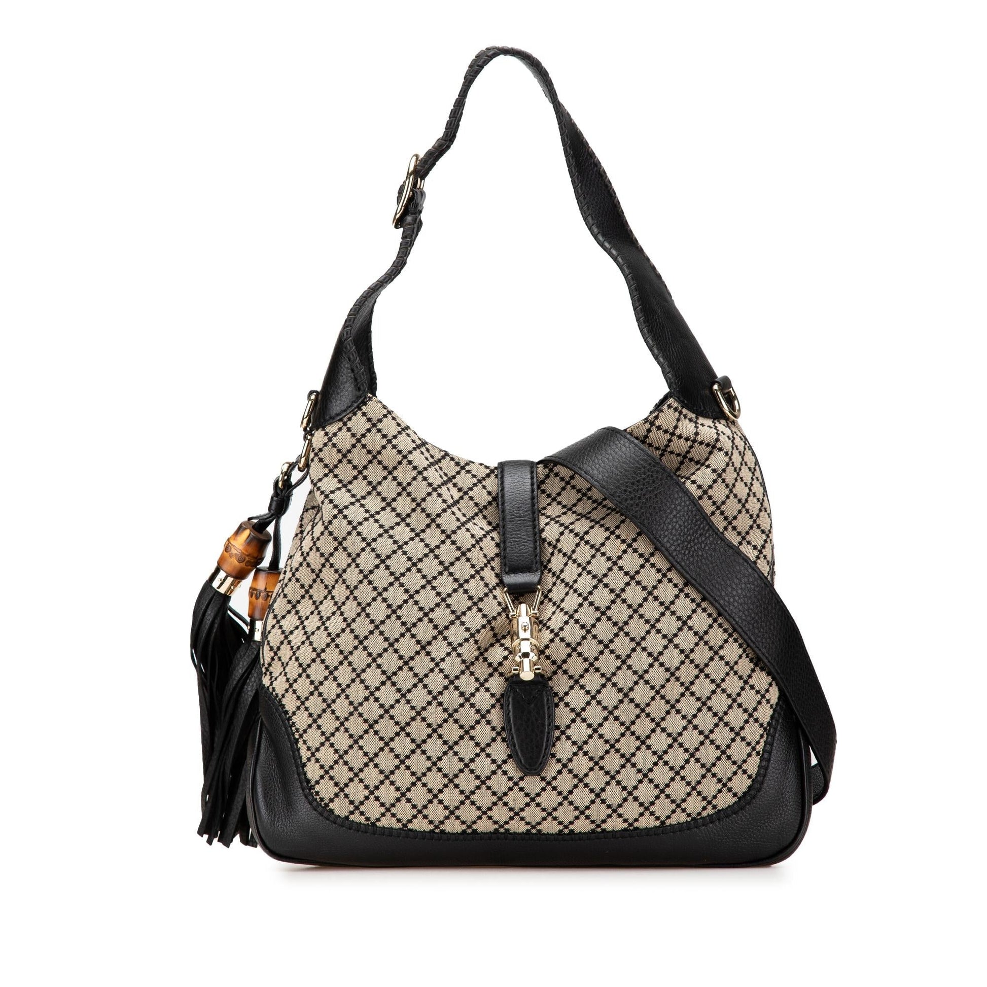 Gucci Diamante New Jackie Canvas Calf Black Brown Satchel Bag