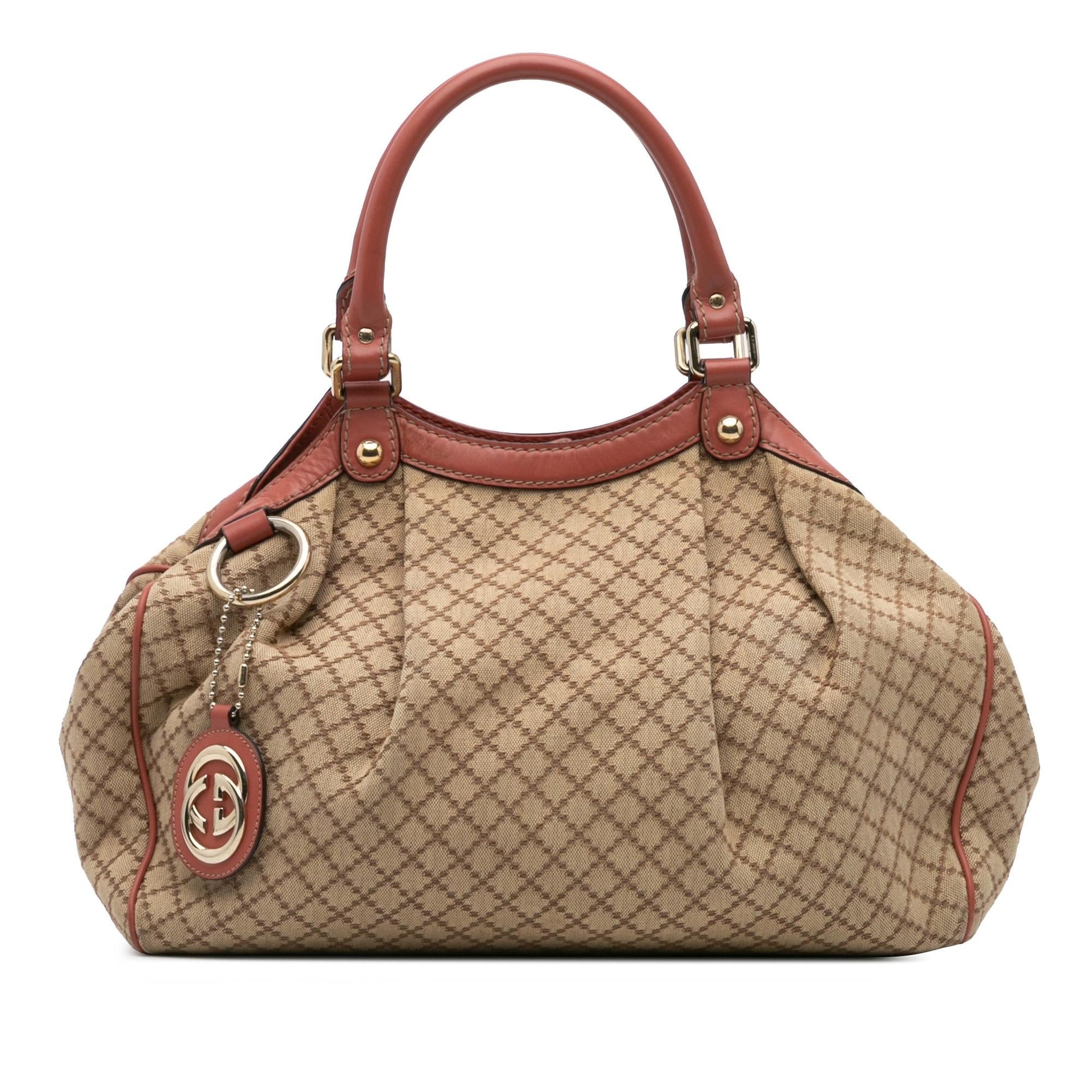 Gucci Diamante Sukey Canvas Calf Brown Pink Tote Bag