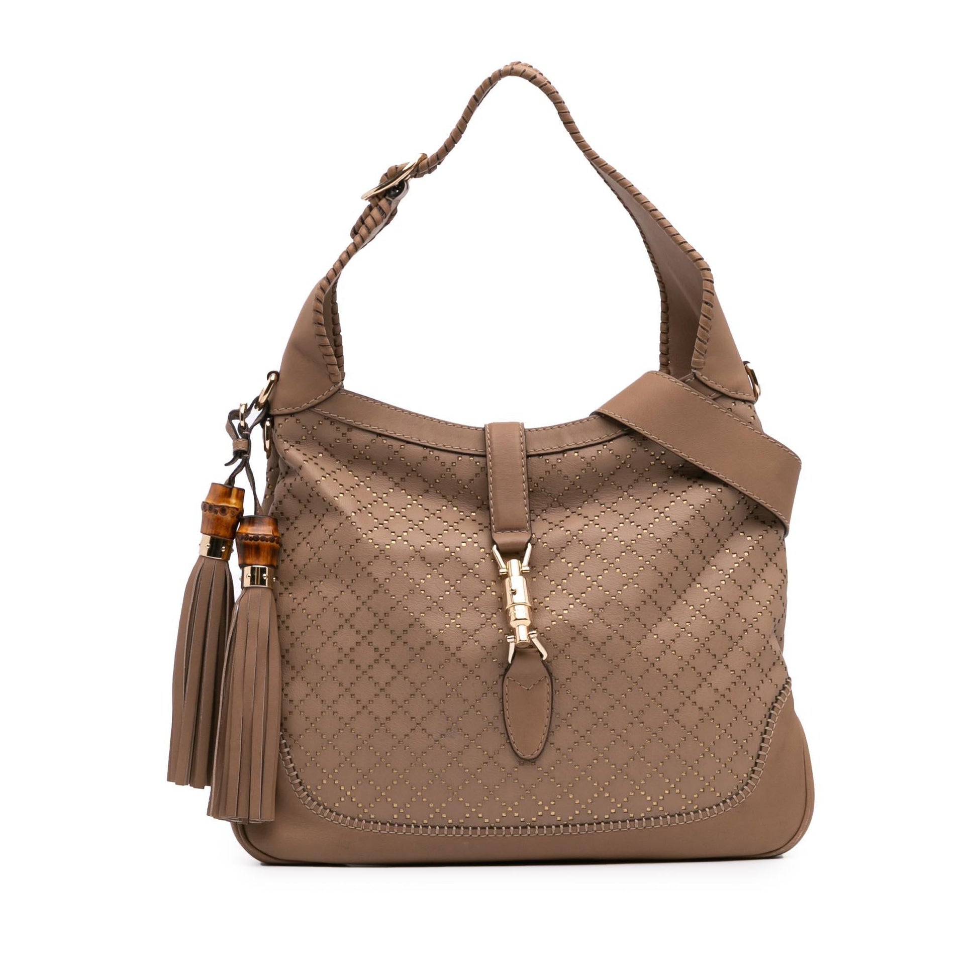 Gucci Diamante Perforated New Jackie Calf Calfskin Brown Medium Satchel Bag Jackie Satchel