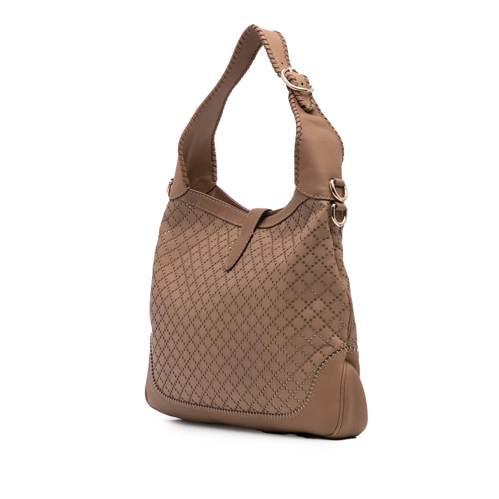 Gucci Diamante Perforated New Jackie Calf Calfskin Brown Medium Satchel Bag Jackie Satchel