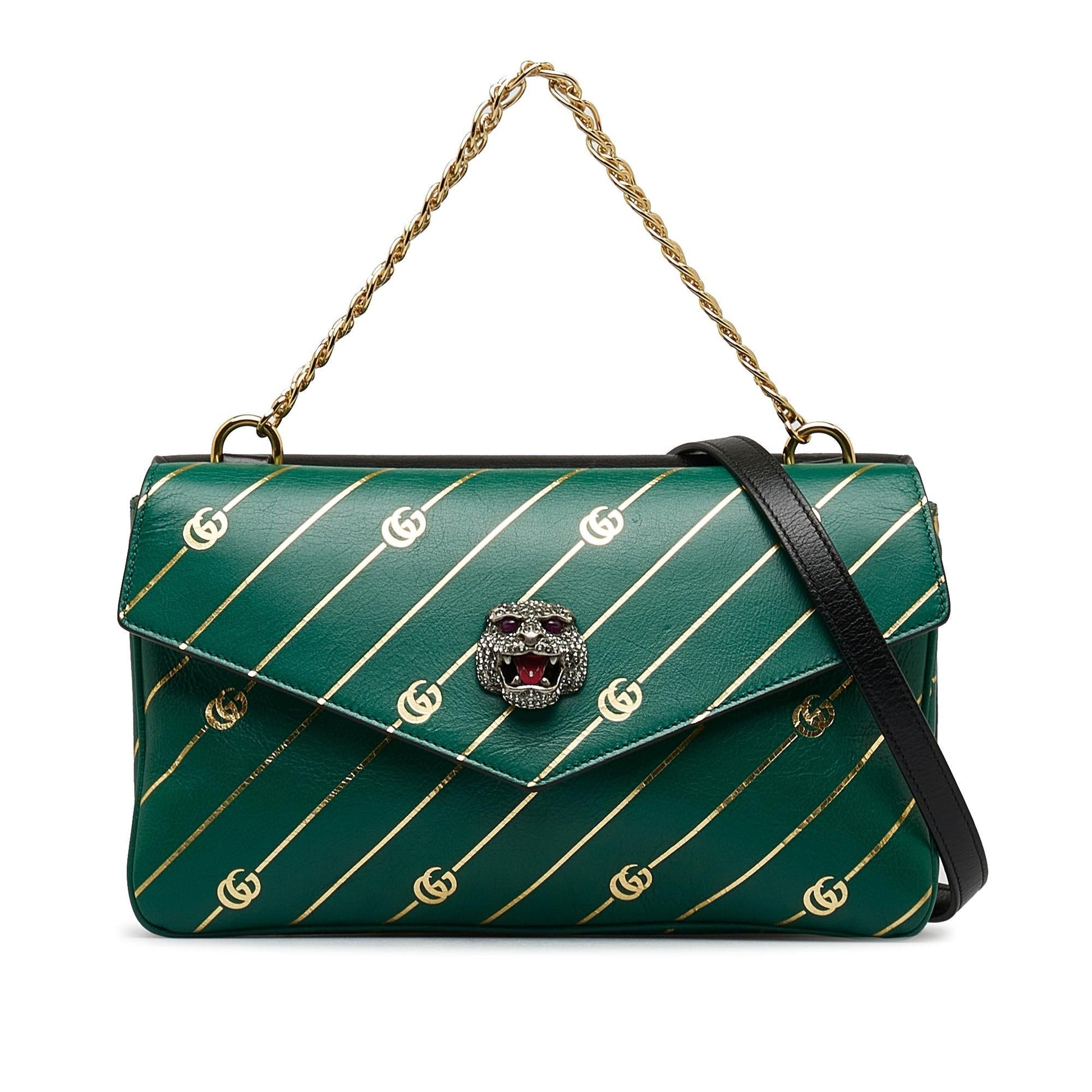Gucci Double Thiara SHG-F7z4gZ Calf Black Green Medium Satchel Bag