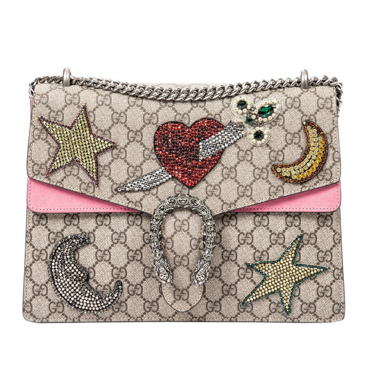 Gucci Embellished GG Supreme Dionysus SHG-eG5vdD Canvas Calf Brown Medium Shoulder Bag
