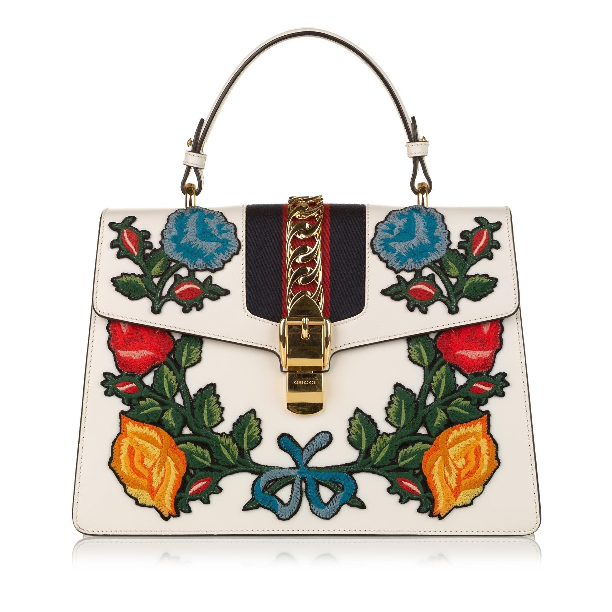Gucci Embroidered Sylvie SHG Leather Calf White Medium Satchel Bag