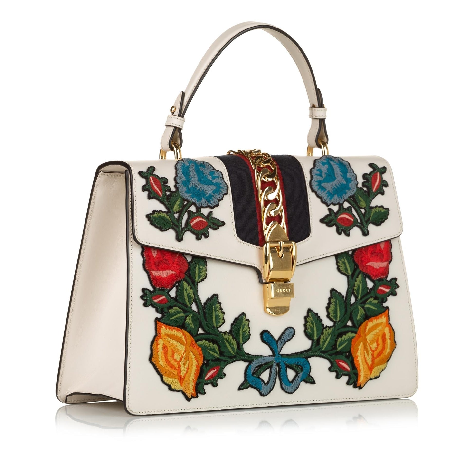Gucci Embroidered Sylvie SHG Leather Calf White Medium Satchel Bag