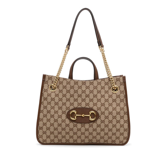 Gucci GG Horsebit Chain SHG-NytGs4 Canvas Calf Brown Medium Tote Bag