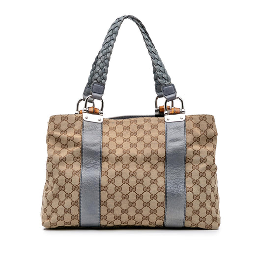 Gucci GG Bamboo Libeccio Canvas Calf Brown Blue Tote Bag