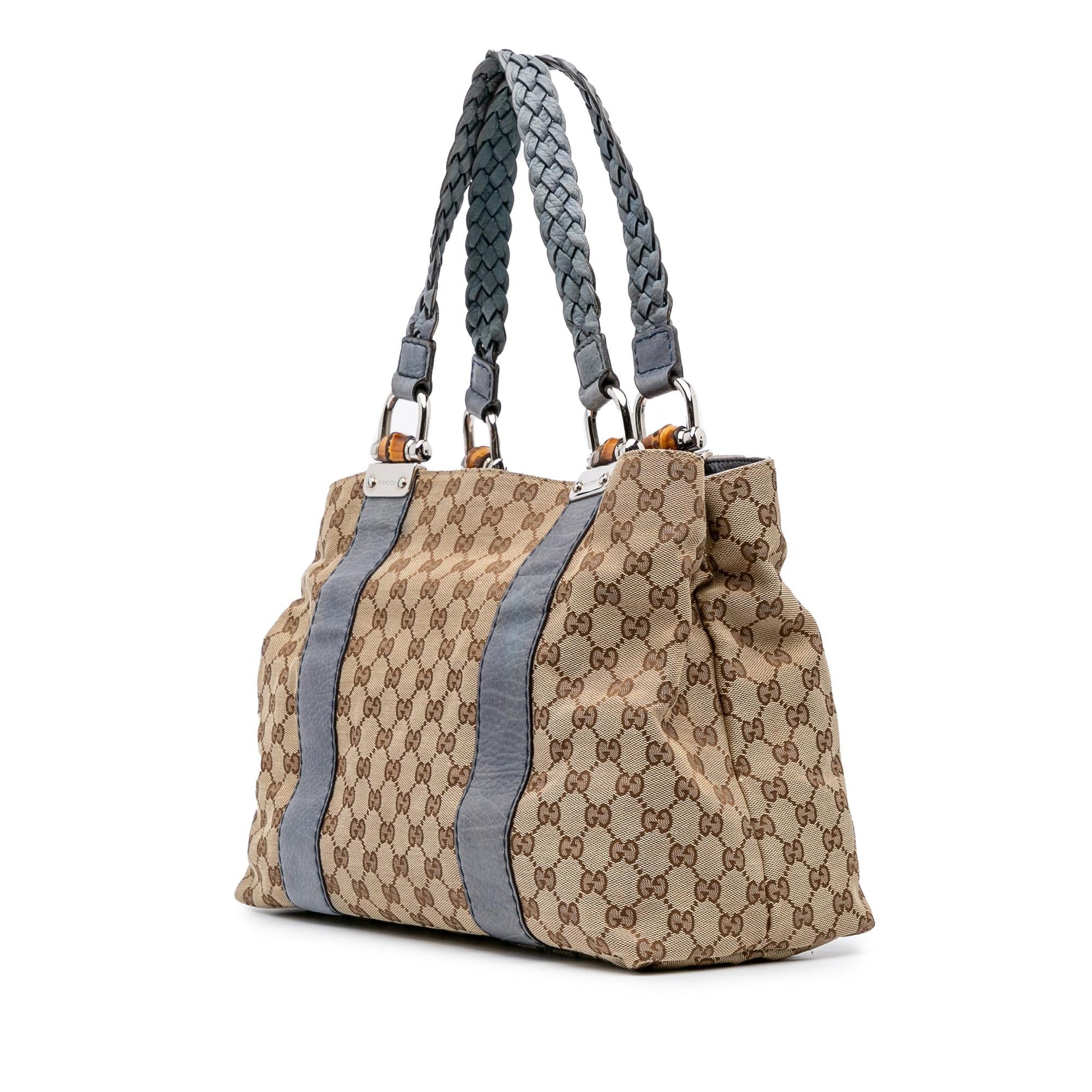 Gucci GG Bamboo Libeccio Canvas Calf Brown Blue Tote Bag