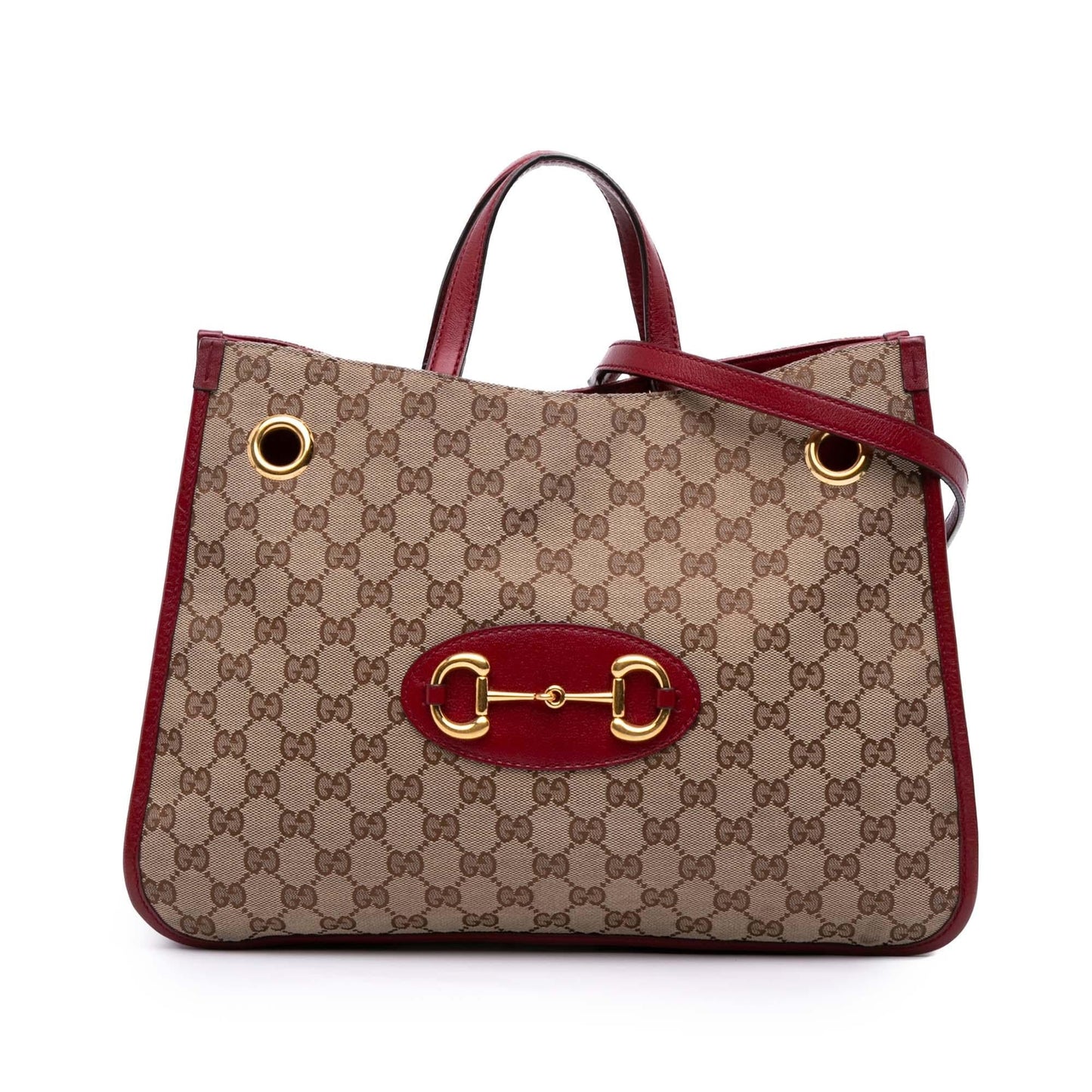 Gucci GG Horsebit Chain Canvas Calf Brown Red Tote Bag