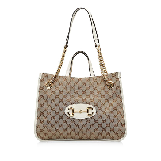 Gucci GG Horsebit SHG-vcUCLM Canvas Calf White Brown Tote Bag