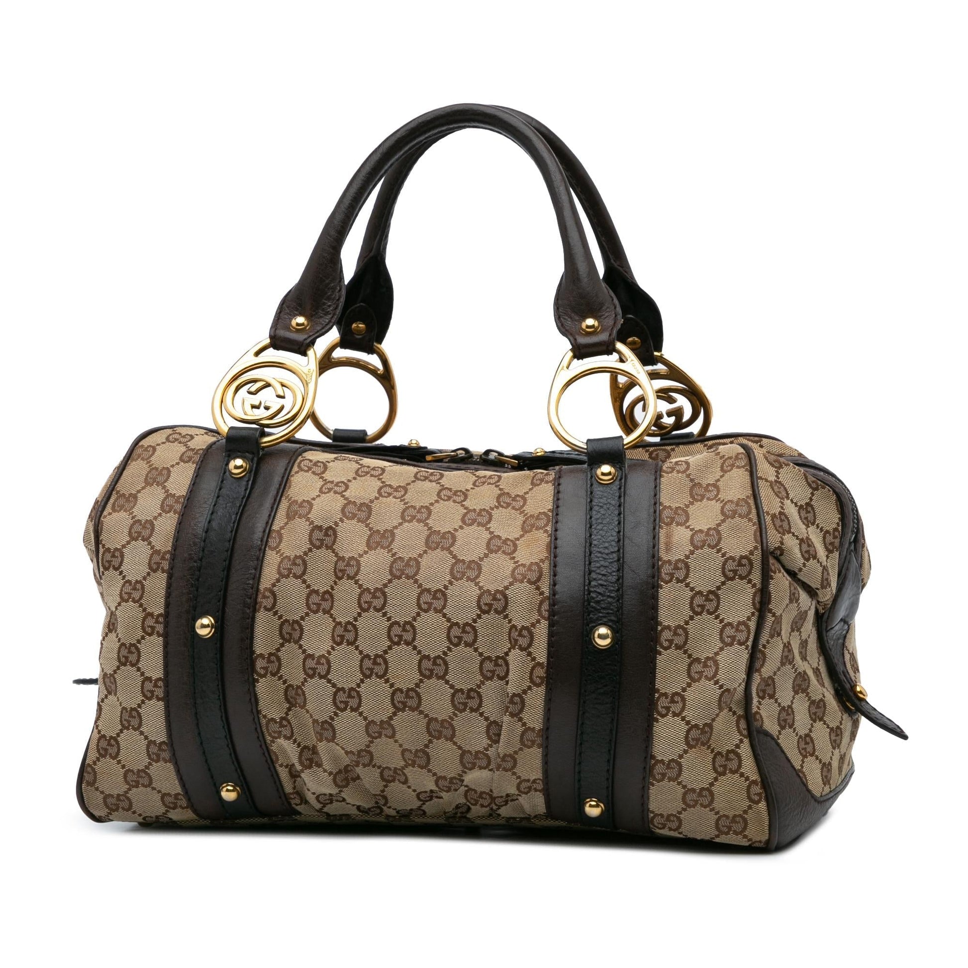 Gucci GG Interlocking G Boston Canvas Calf Brown Medium Satchel Bag