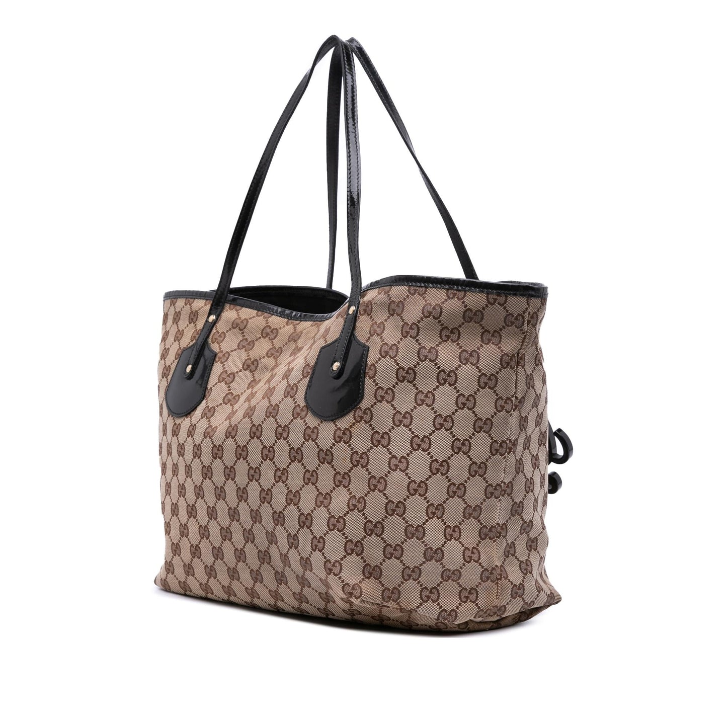 Gucci GG Jolie Leather Canvas Patent Brown Tote Bag