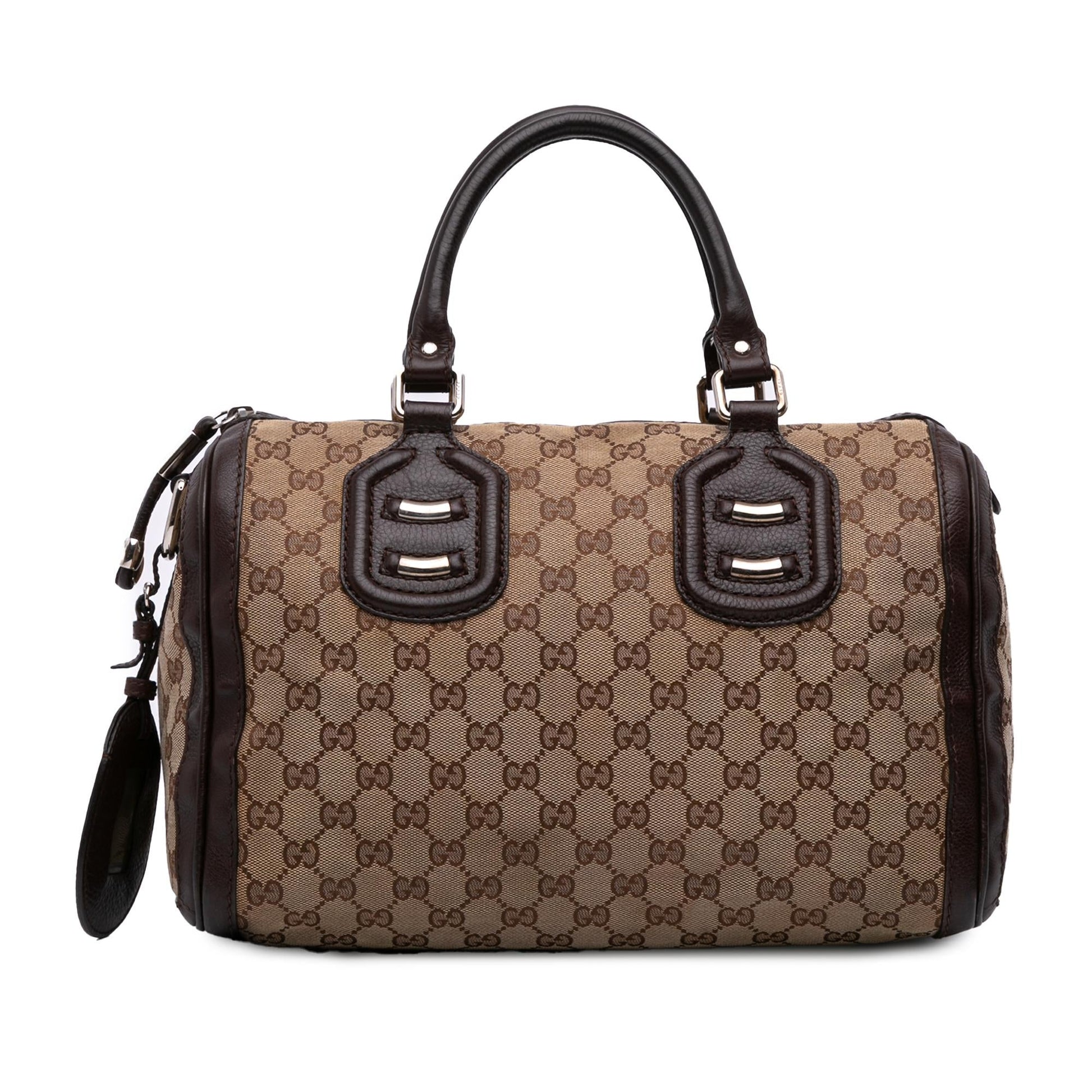 Gucci GG Techno Tag Boston Canvas Brown Medium Satchel Bag