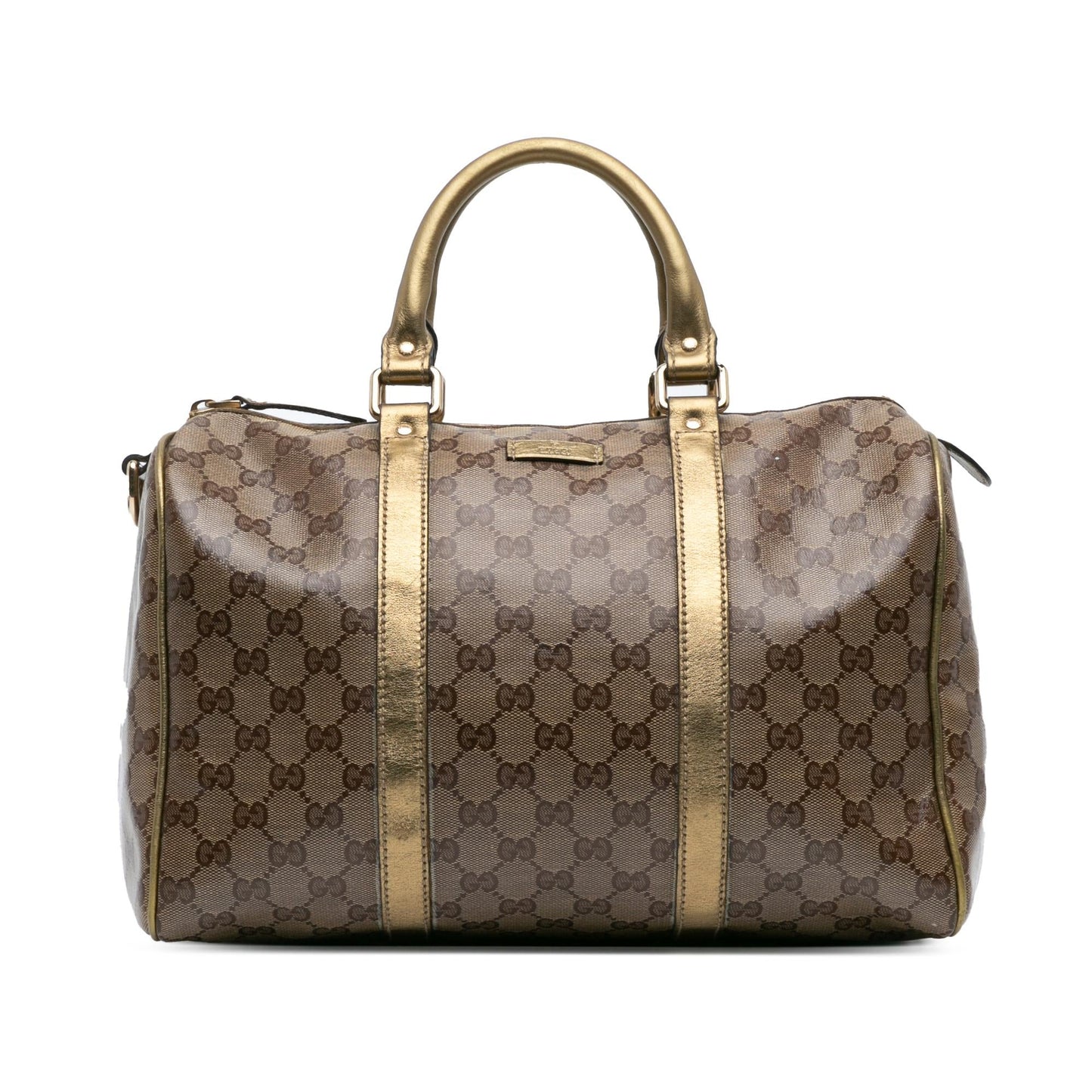 Gucci GG Crystal Joy Boston Canvas Calf Brown Gold Satchel Bag
