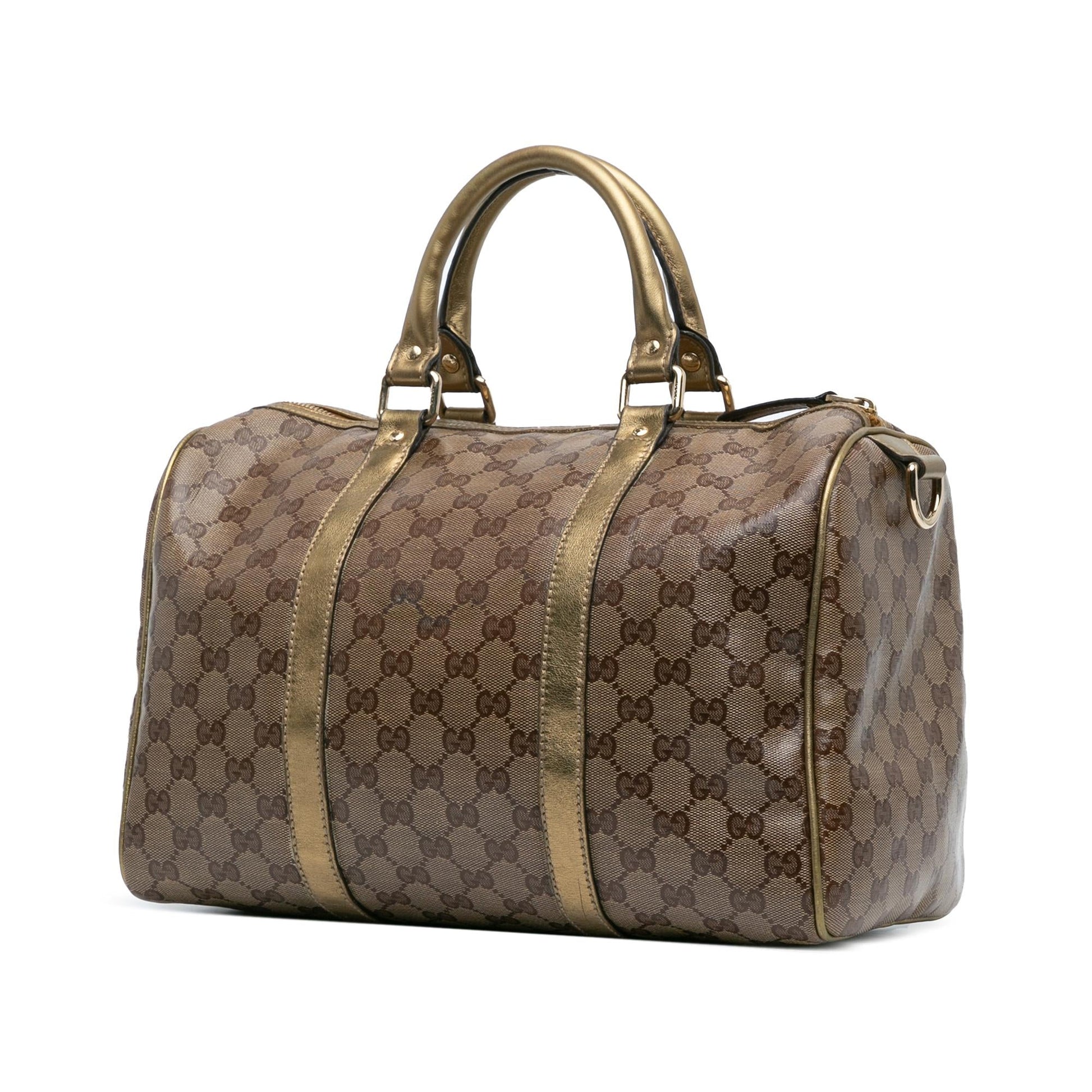 Gucci GG Crystal Joy Boston Canvas Calf Brown Gold Satchel Bag