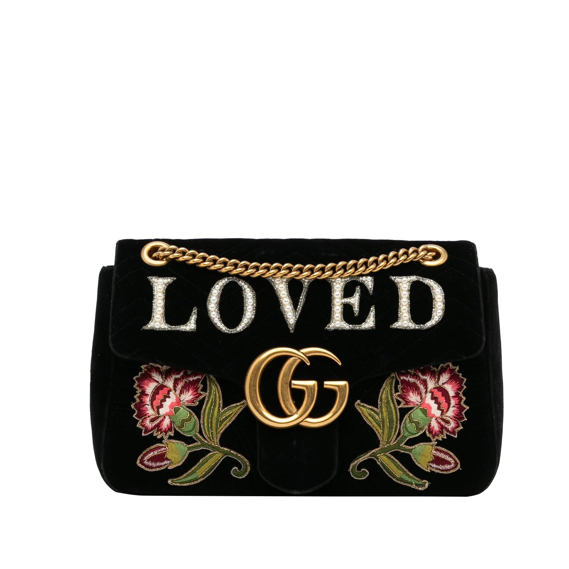 Gucci GG Marmont Embroidered Velvet SHG-70m7Yt Matelasse Black Medium Crossbody Bag