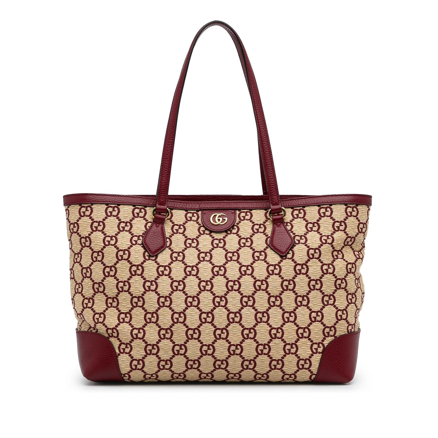 Gucci GG Straw Ophidia Shopping SHG-sqj0kR Calf Brown Red Medium Tote Bag