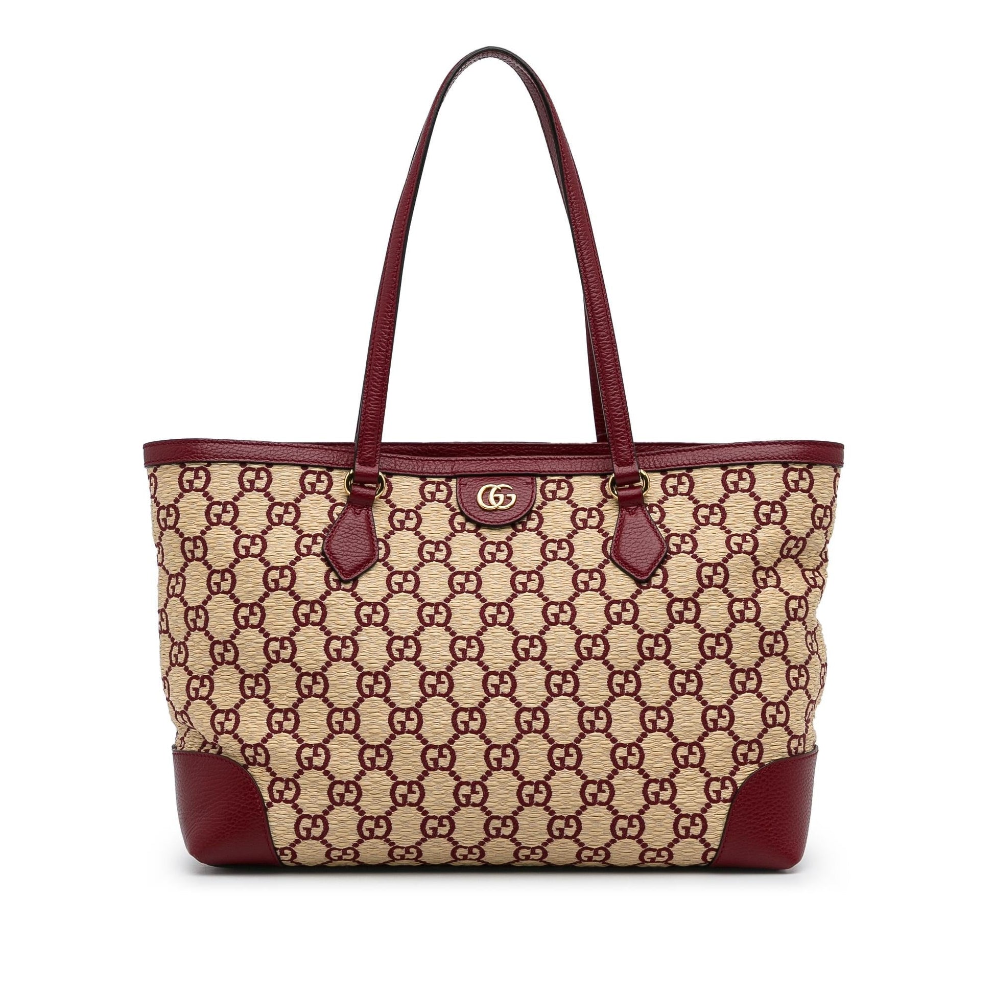 Gucci GG Straw Ophidia Shopping SHG-sqj0kR Calf Brown Red Medium Tote Bag