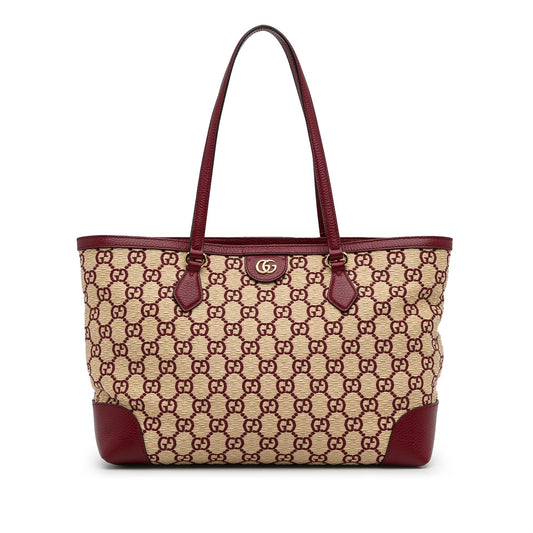 Gucci GG Straw Ophidia Shopping SHG-sqj0kR Calf Brown Red Medium Tote Bag