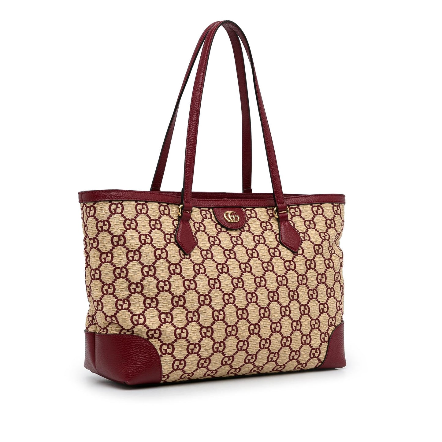 Gucci GG Straw Ophidia Shopping SHG-sqj0kR Calf Brown Red Medium Tote Bag