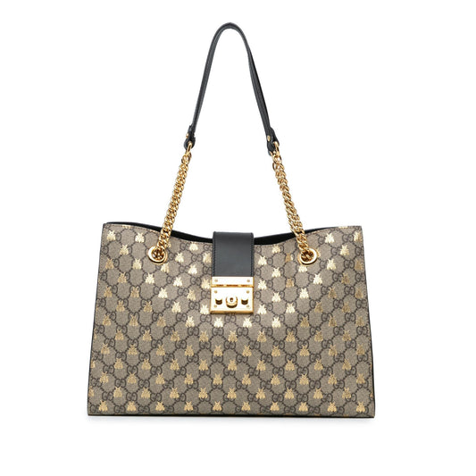 Gucci GG Supreme Bees Padlock SHG-Gj3oC3 Canvas Calf Brown Medium Tote Bag