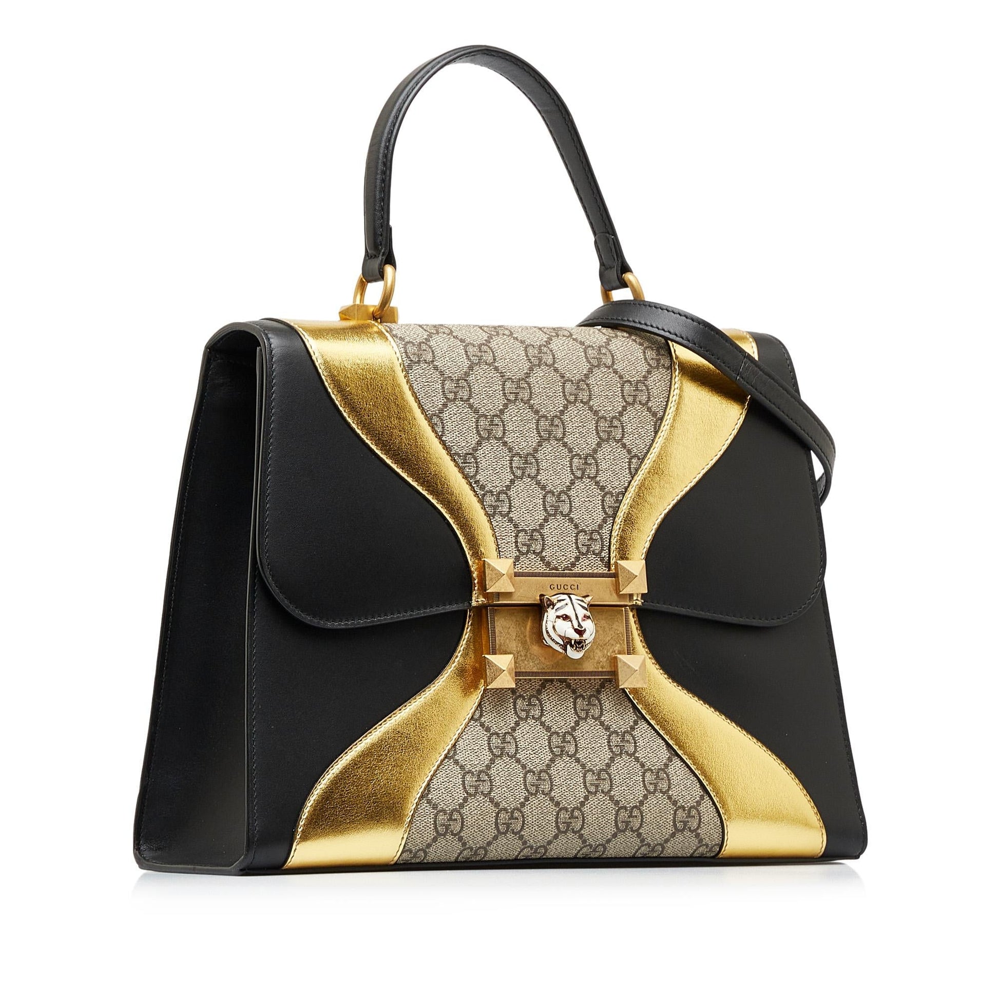 Gucci GG Supreme Osiride Top Handle Canvas Calf Black Brown Satchel Bag