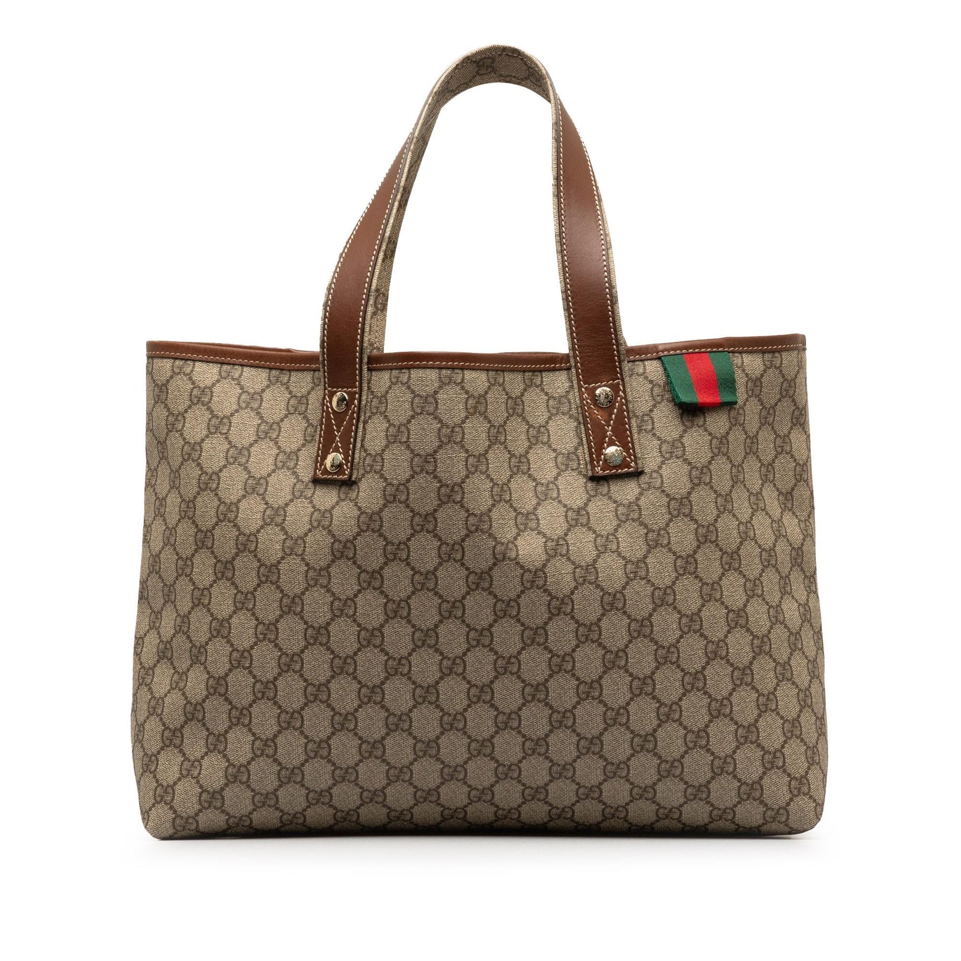 Gucci GG Supreme Web Loop SHG-Ew9uNi Canvas Brown Medium Tote Bag