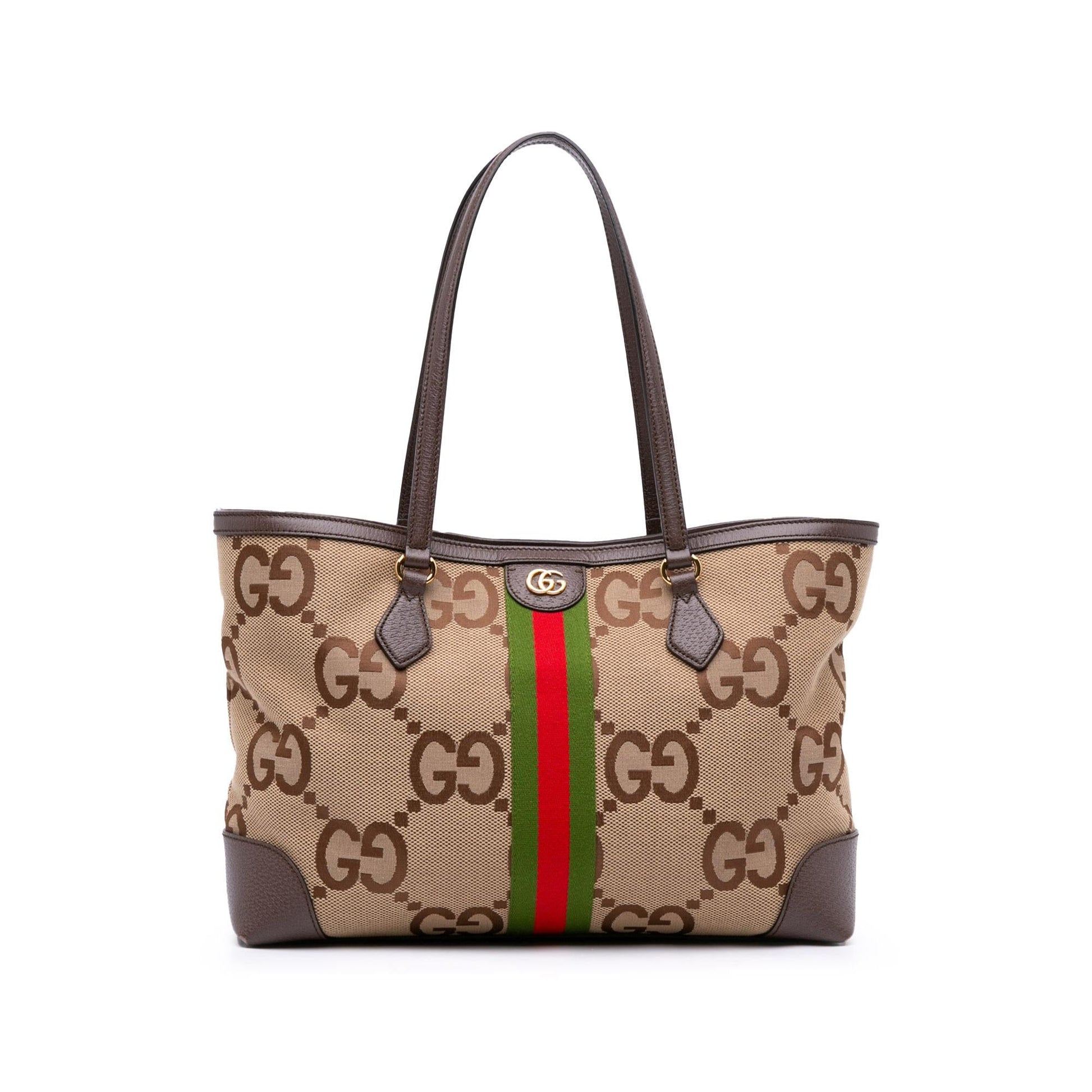 Gucci Jumbo GG Web Ophidia Canvas Calf Brown Medium Tote Bag