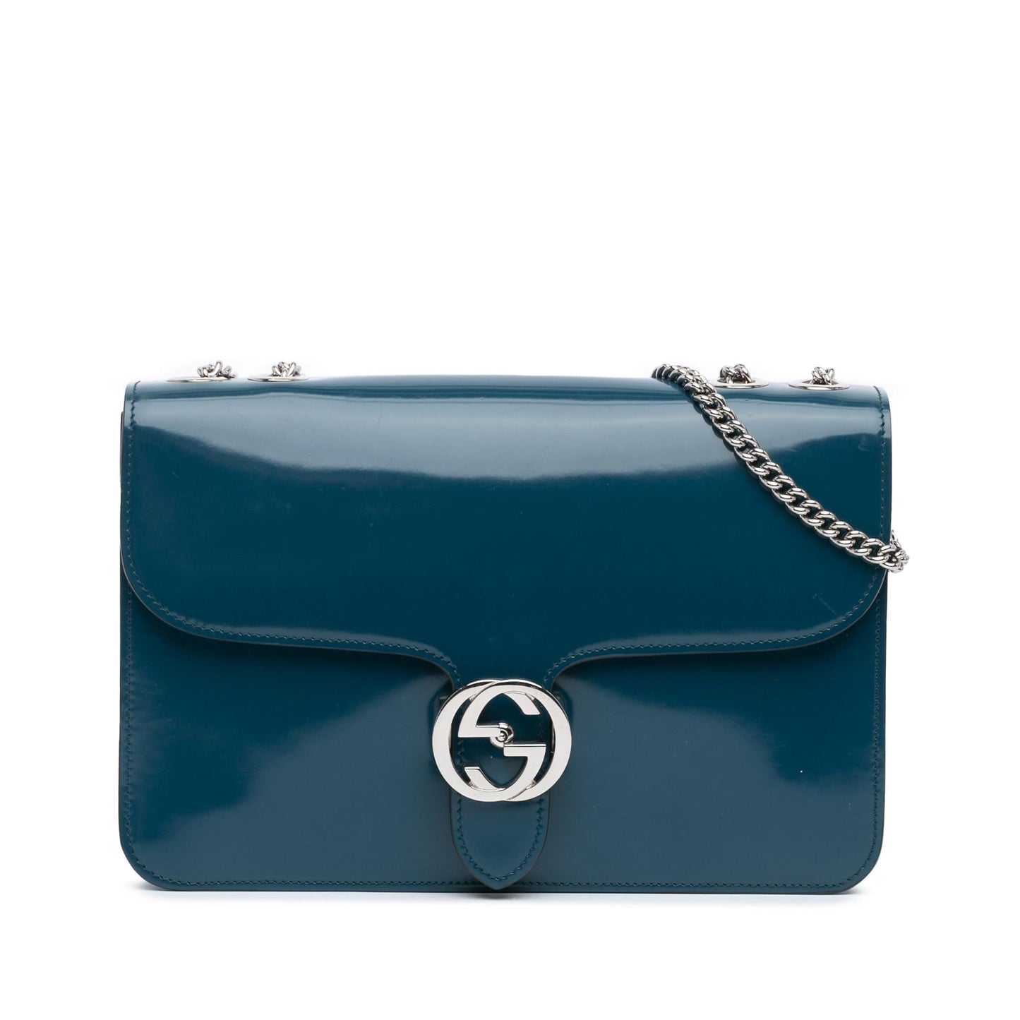 Gucci Dollar Interlocking G Leather Patent Blue Medium Crossbody Bag