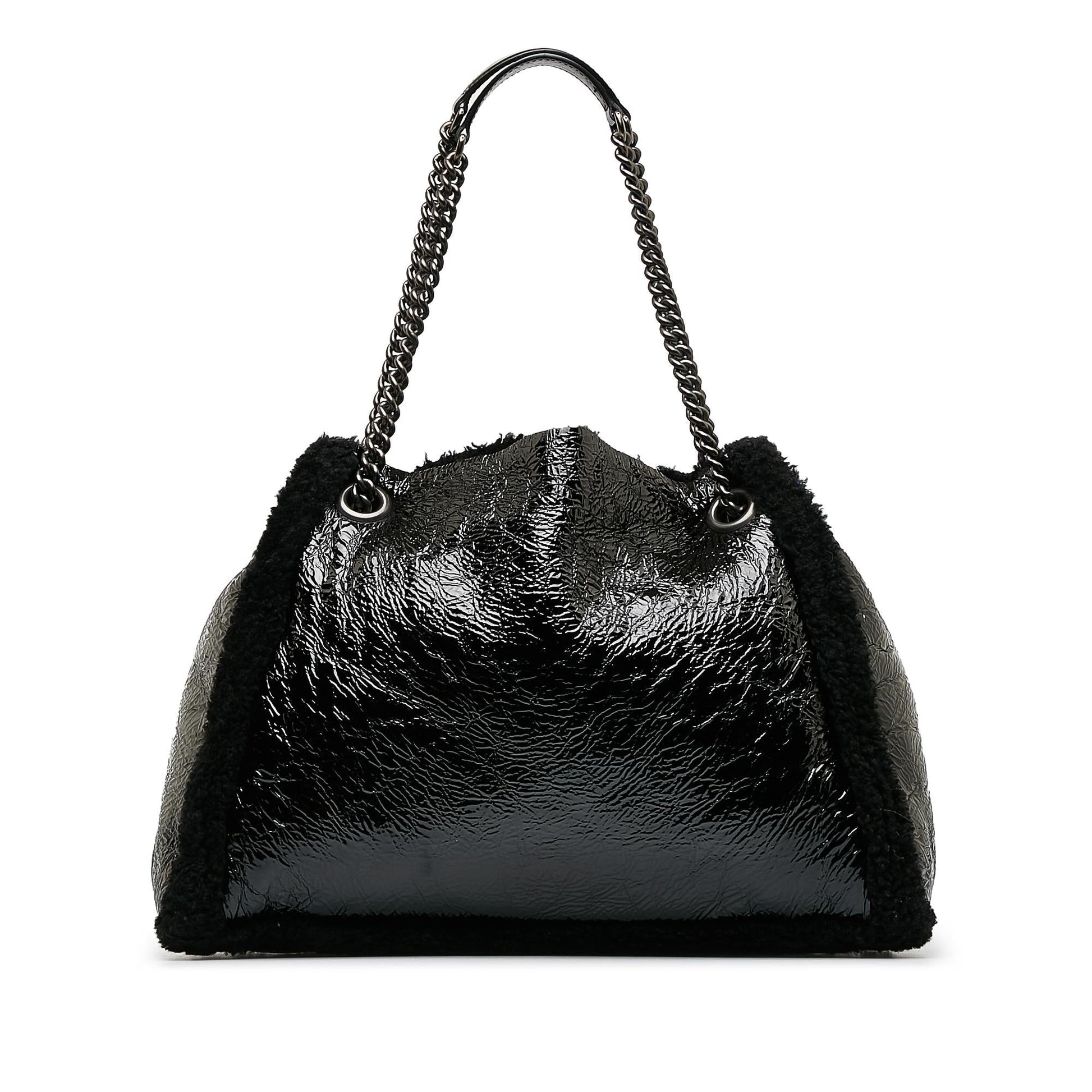 Gucci Shearling Soho Chain SHG-dATtOX Leather Patent Black Medium Tote Bag