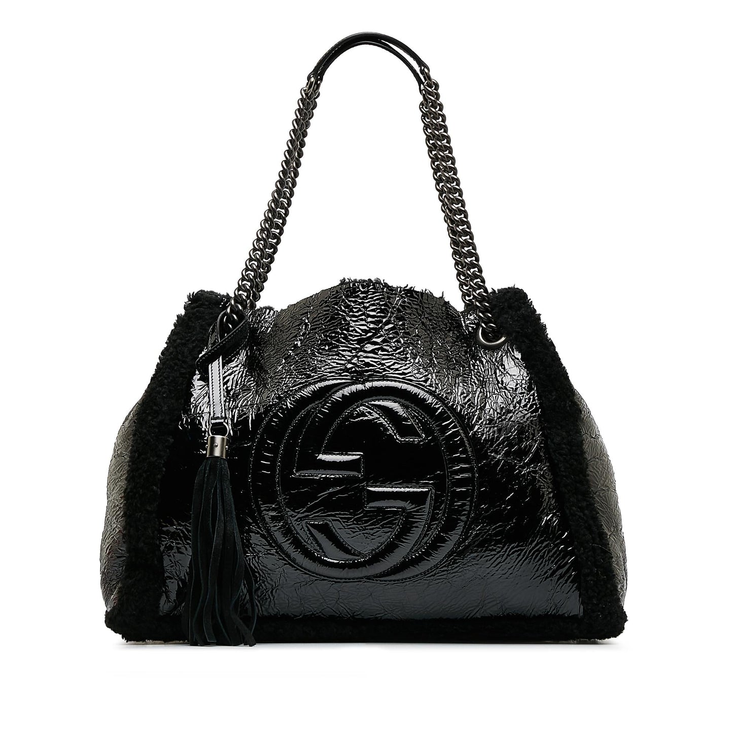 Gucci Shearling Soho Chain SHG-dATtOX Leather Patent Black Medium Tote Bag