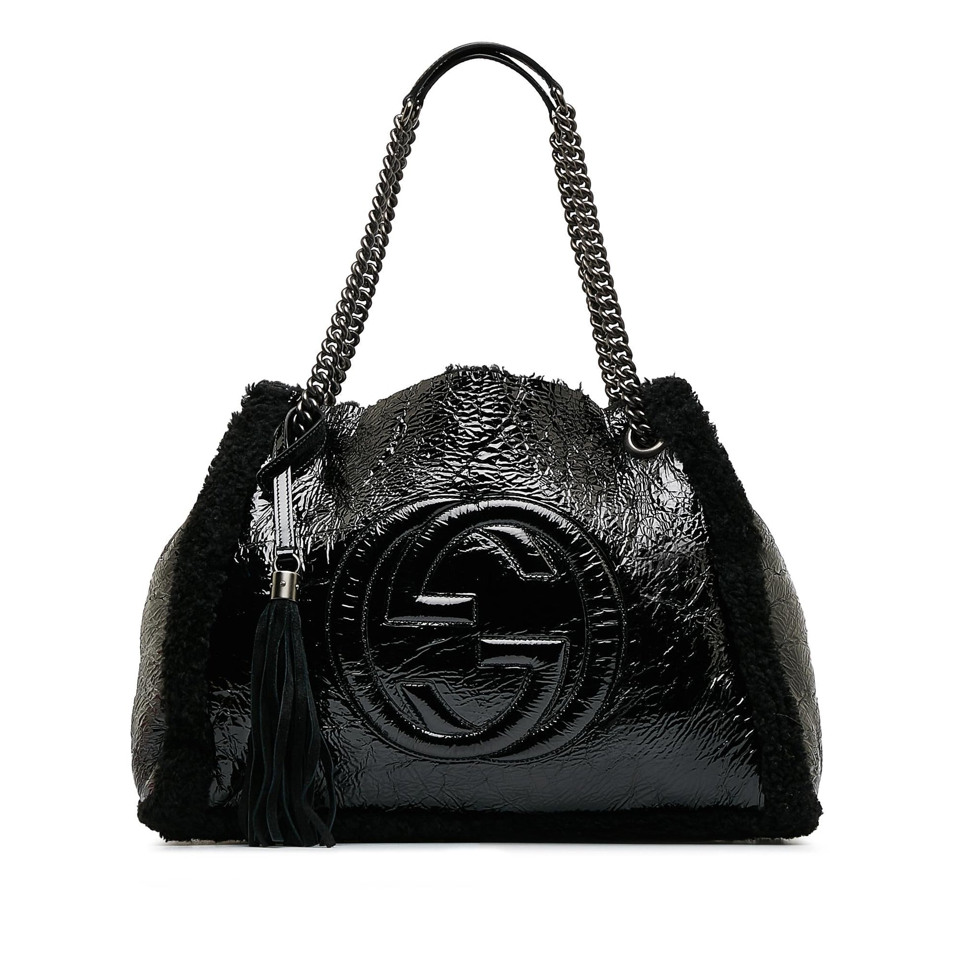 Gucci Shearling Soho Chain SHG-dATtOX Leather Patent Black Medium Tote Bag