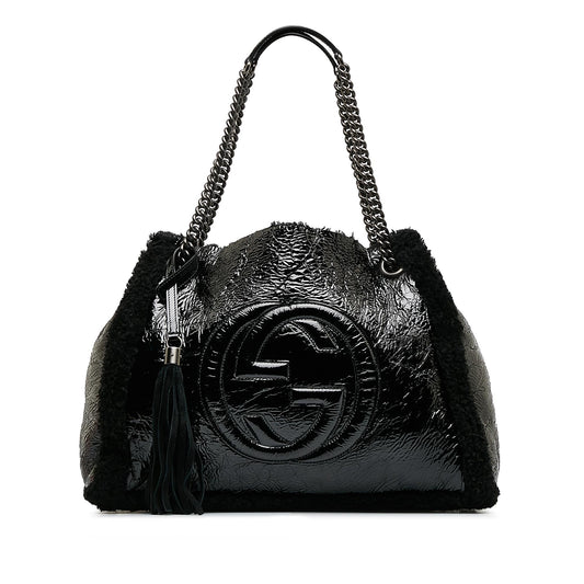 Gucci Shearling Soho Chain SHG-dATtOX Leather Patent Black Medium Tote Bag