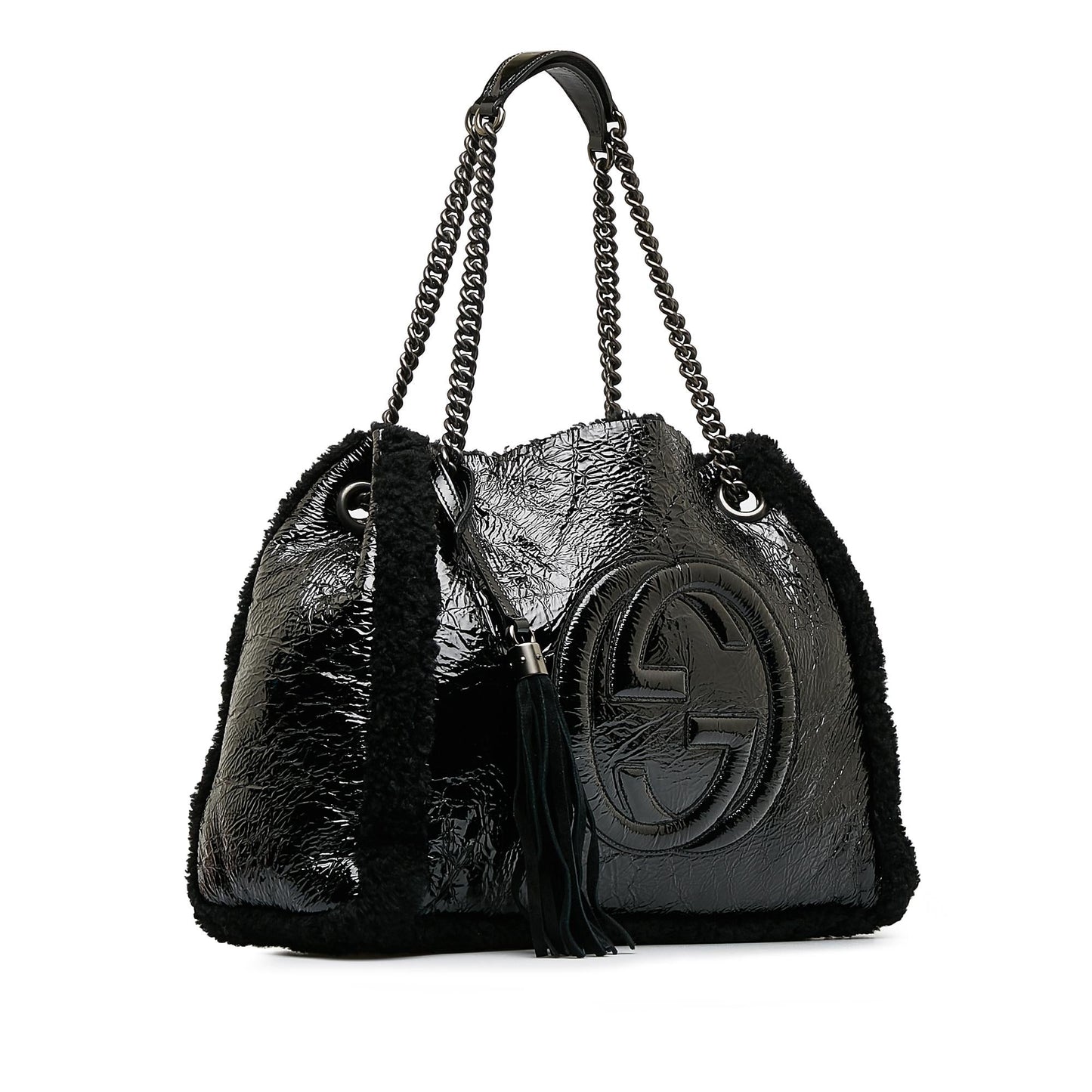 Gucci Shearling Soho Chain SHG-dATtOX Leather Patent Black Medium Tote Bag